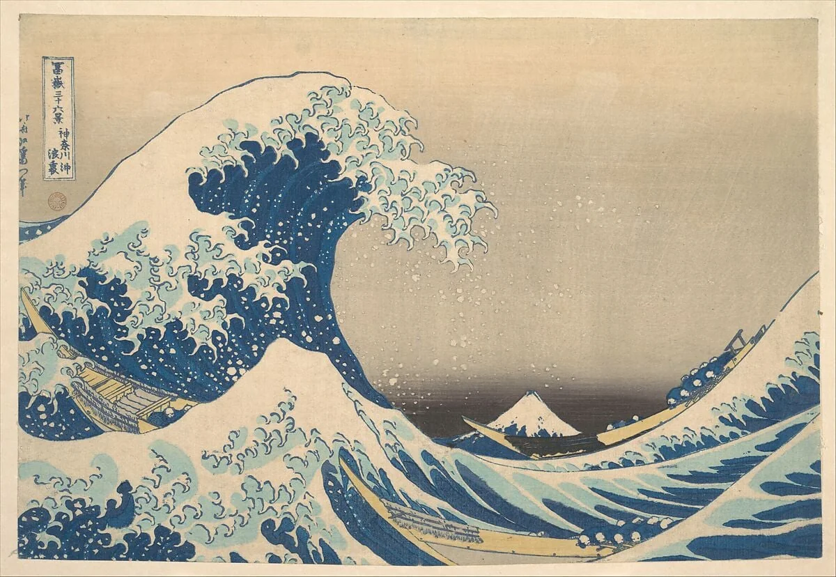 冨嶽三十六景　神奈川沖浪裏|Under the Wave off Kanagawa (Kanagawa oki nami ura), also known as The Great Wave, from the series Thirty-six Views of Mount Fuji (Fugaku sanjūrokkei), by Katsushika Hokusai, ink, 1831