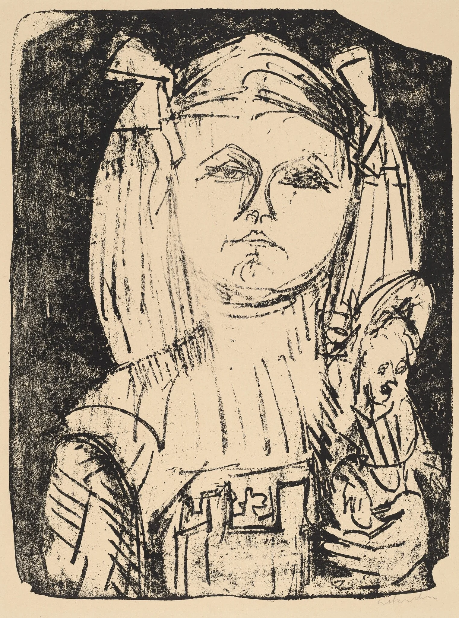Young Girl with Doll, by Ernst Ludwig Kirchner, ink, 1916
