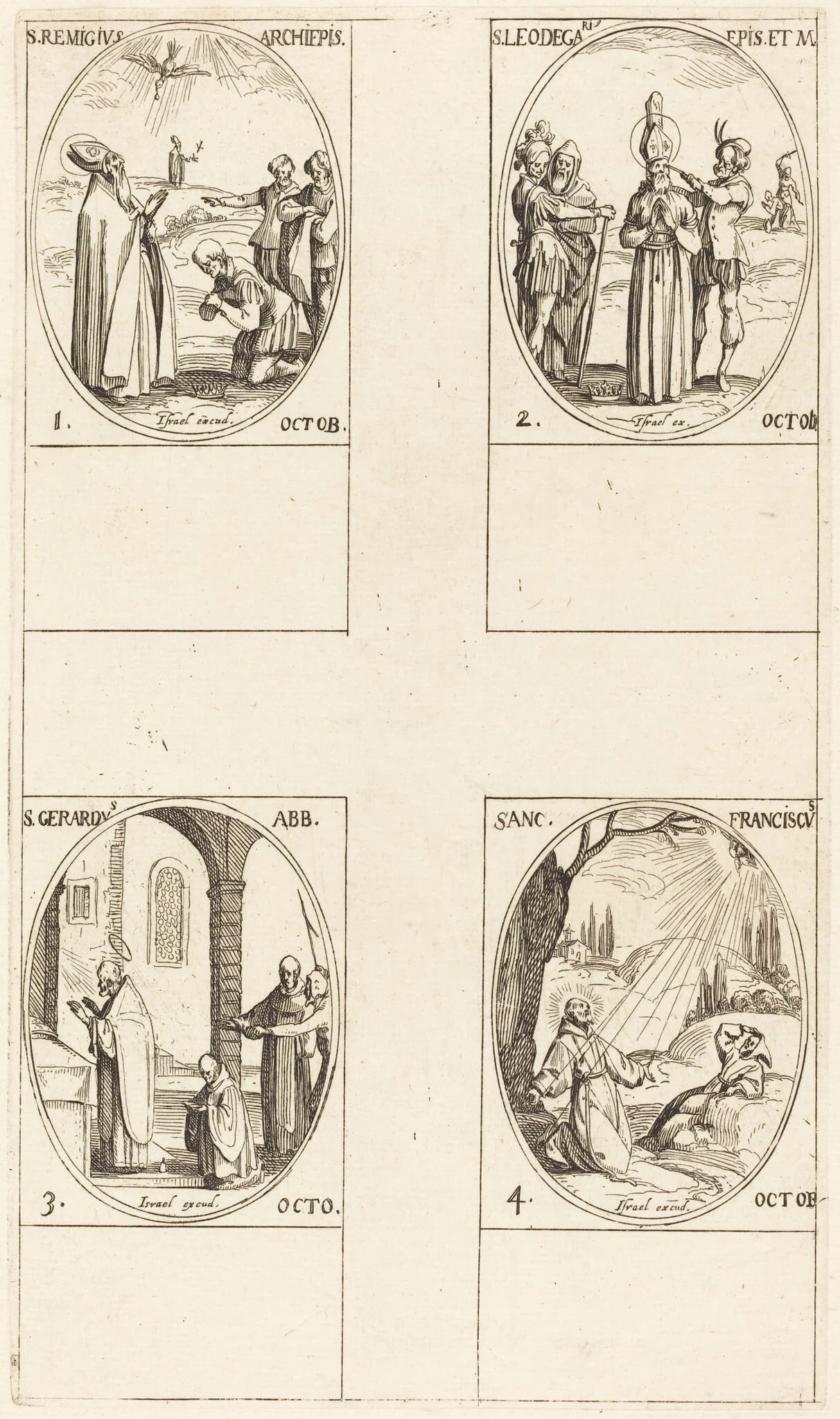 St. Remigius; St. Leodegarius; St. Gerard, Abbot; St. Francis of Assisi, by Jacques Callot, ink, 1634