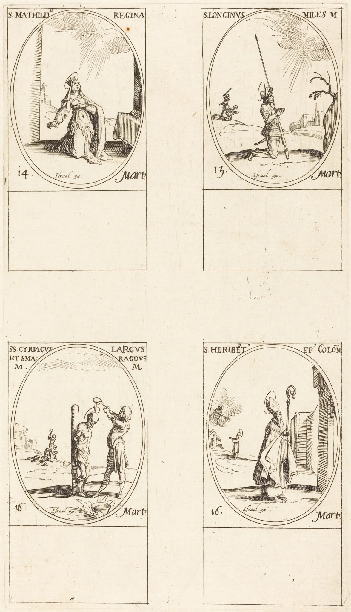 St. Matilda; St. Longinus; St. Cyriacus; St. Heribert, by Jacques Callot, ink, 1634