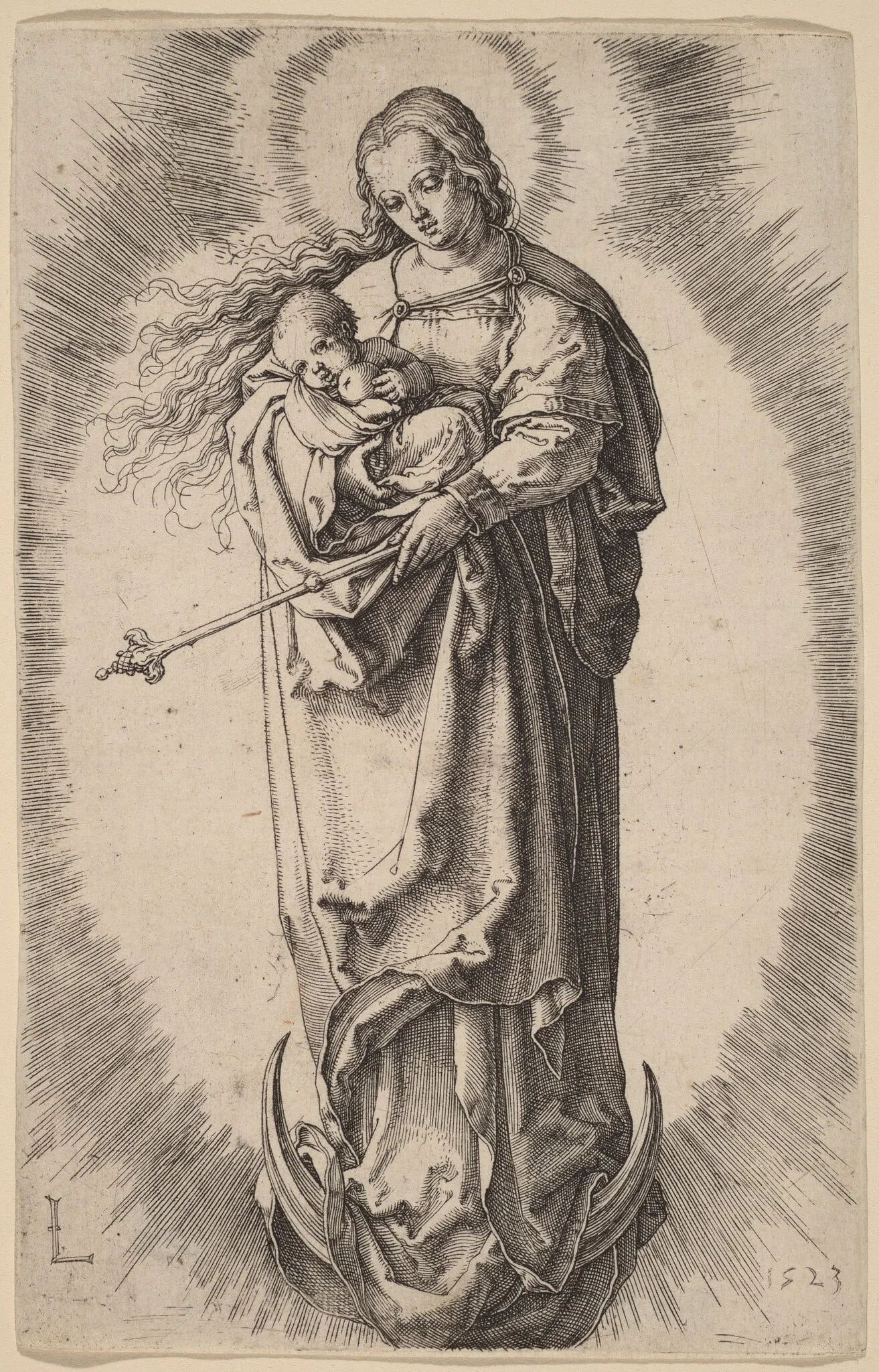 The Virgin and Child on the Crescent, by Lucas van Leyden, ink, 1523