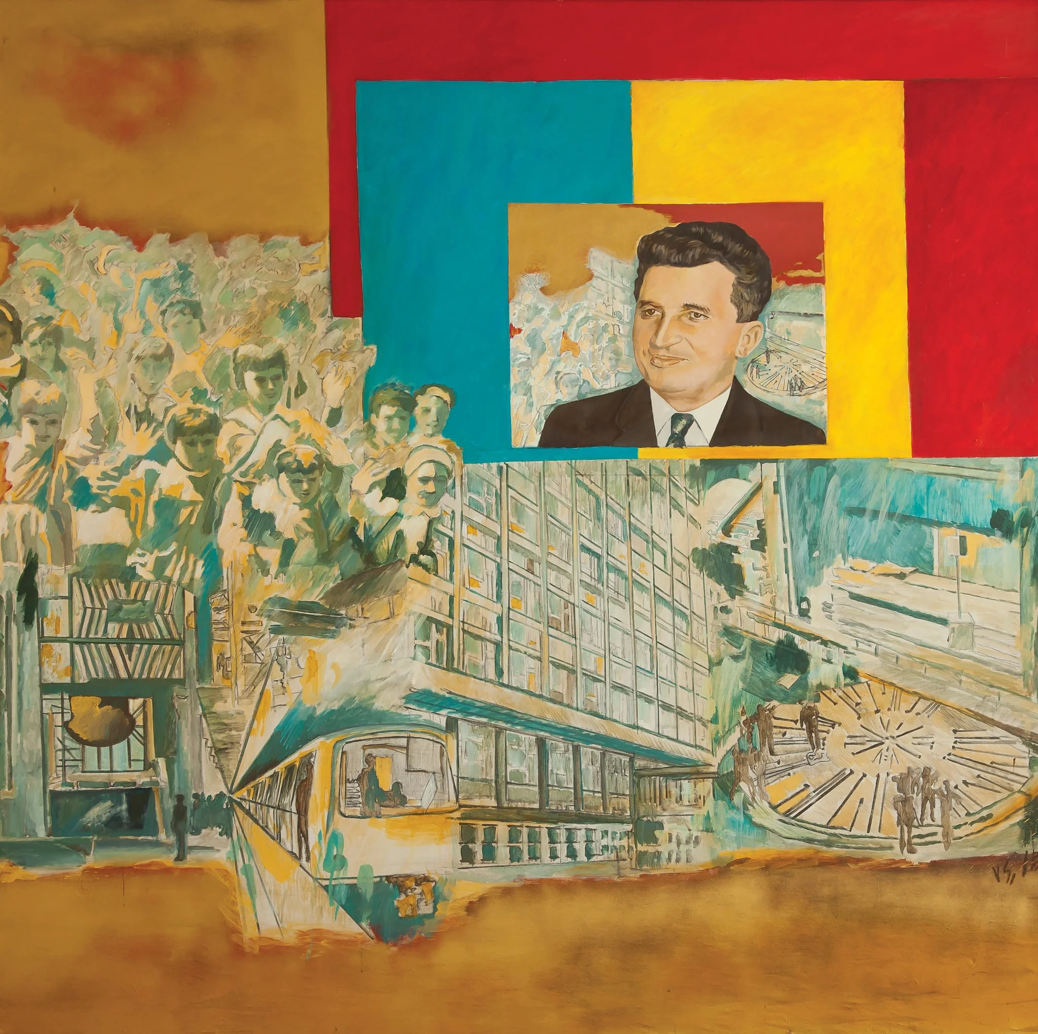 Tablou „Omagiu”, semnat Ion Bitzan și Vladimir Setran.Tabloul prezintă portretul lui Nicolae Ceaușescu încadrat de tricolor în partea dreaptă sus. Restul tabloului este completat de realizările epocii socialiste. Comandat de Comitetul Municipal de Partid 1981.