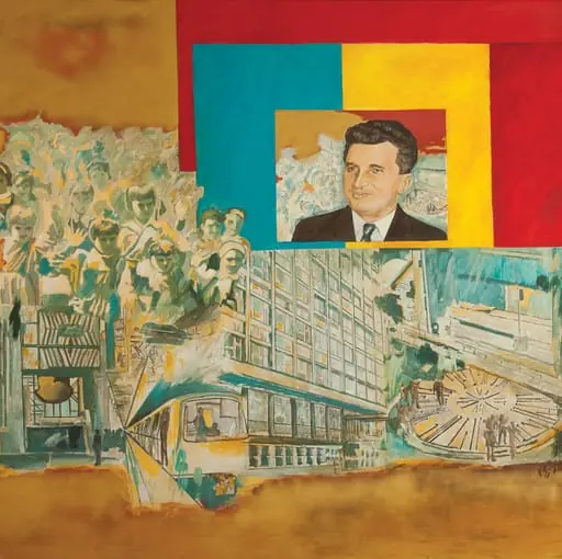 Tablou „Omagiu”, semnat Ion Bitzan și Vladimir Setran.Tabloul prezintă portretul lui Nicolae Ceaușescu încadrat de tricolor în partea dreaptă sus. Restul tabloului este completat de realizările epocii socialiste. Comandat de Comitetul Municipal de Partid 1981.