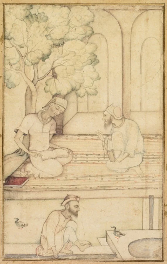 Kabir and Two Followers on a Terrace (recto), by Unknown, unspecified, 1615