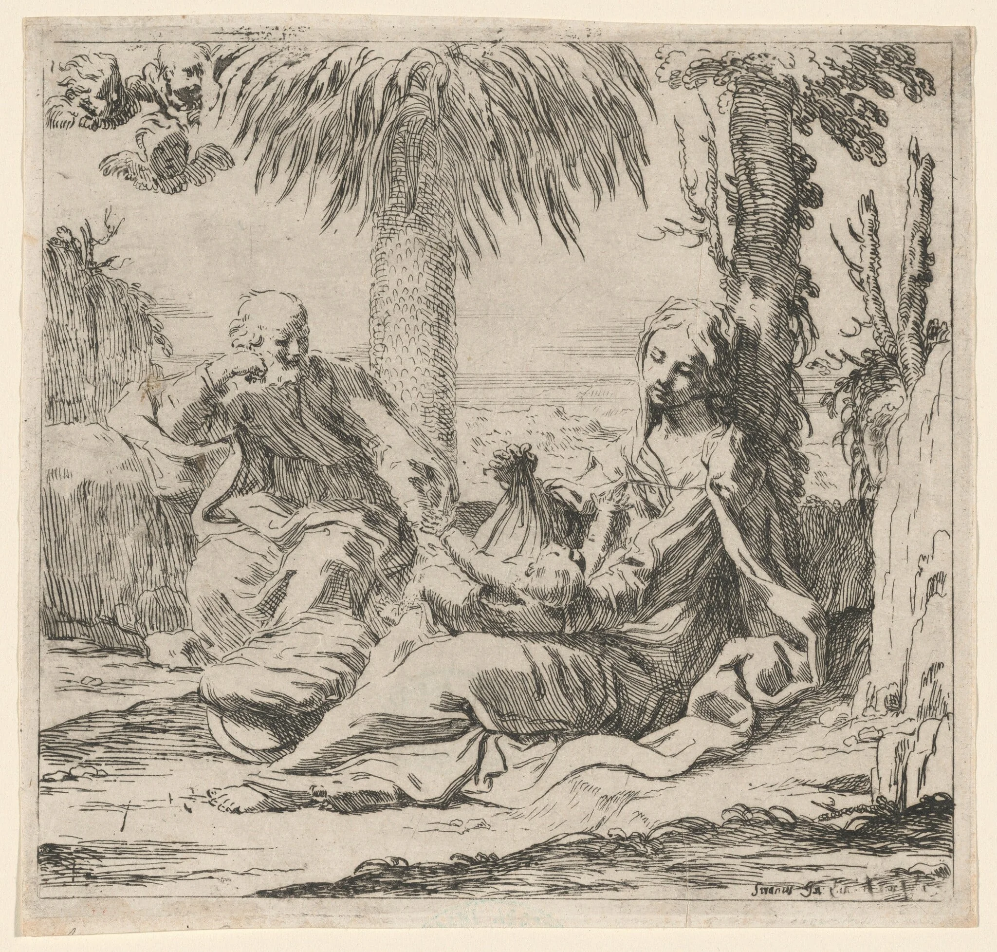 Rest on the Flight into Egypt, by Elisabetta Sirani, ink, 1660