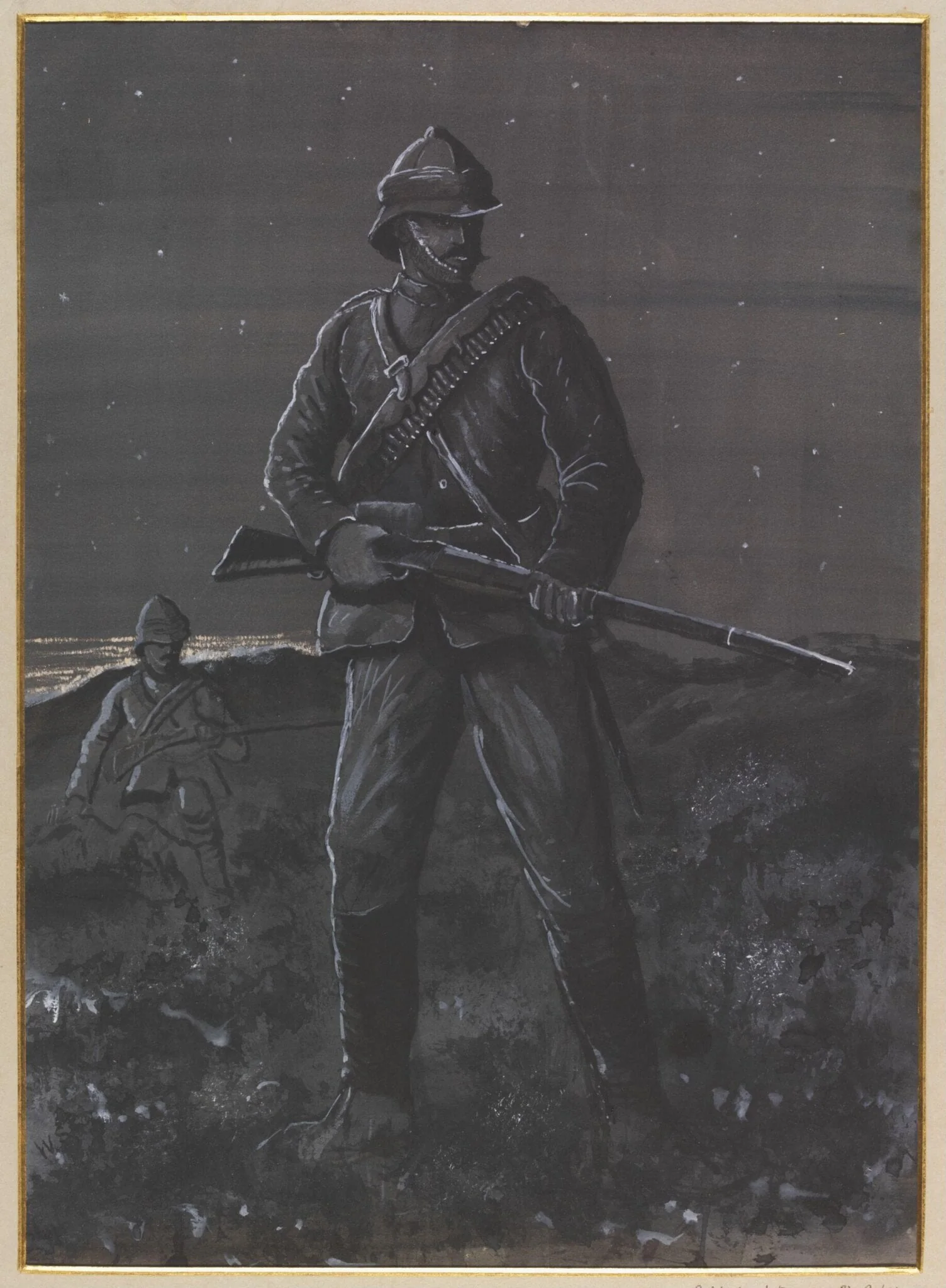 Outpost duty at El Gubat.  Night., by William S. Perry, watercolor, 1886