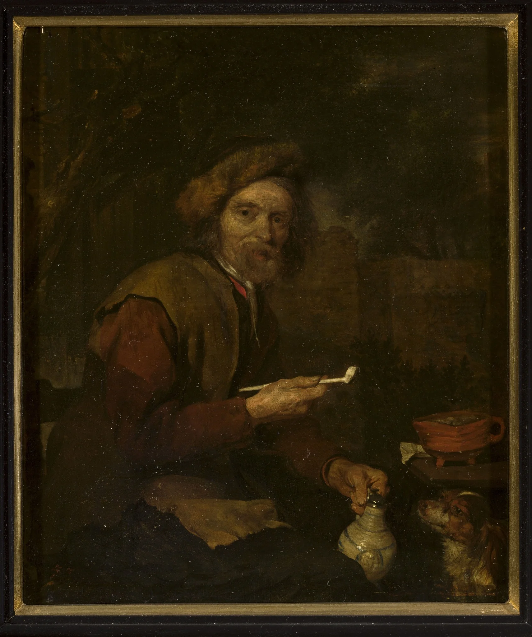 Smoker with a pipe and a pitcher in his hands