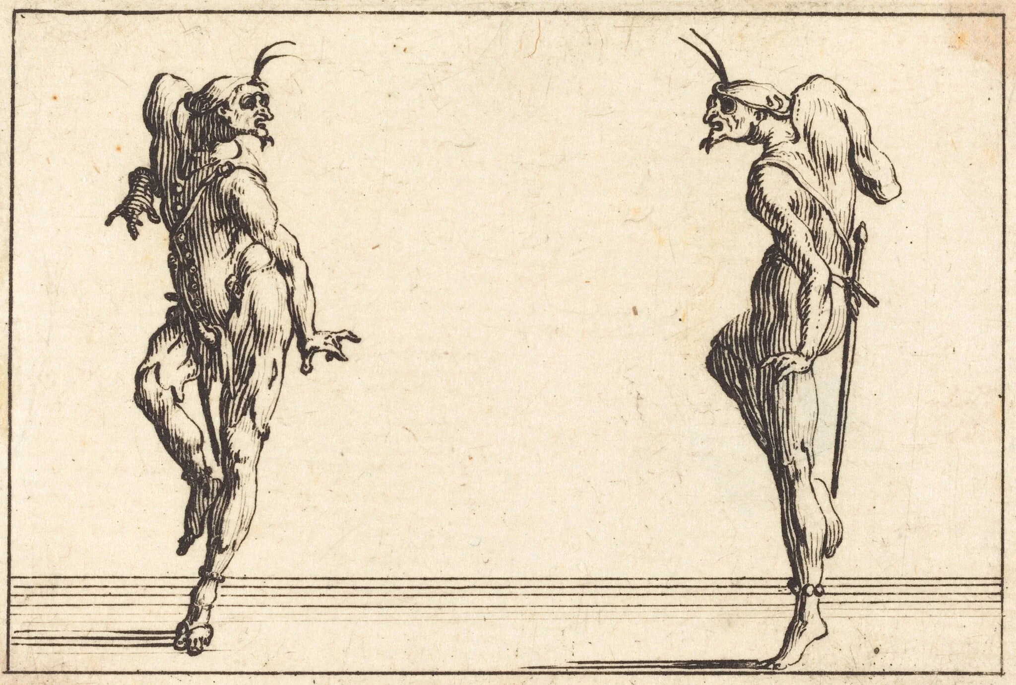 Two Pantaloons Dancing, by Jacques Callot, ink, 1617