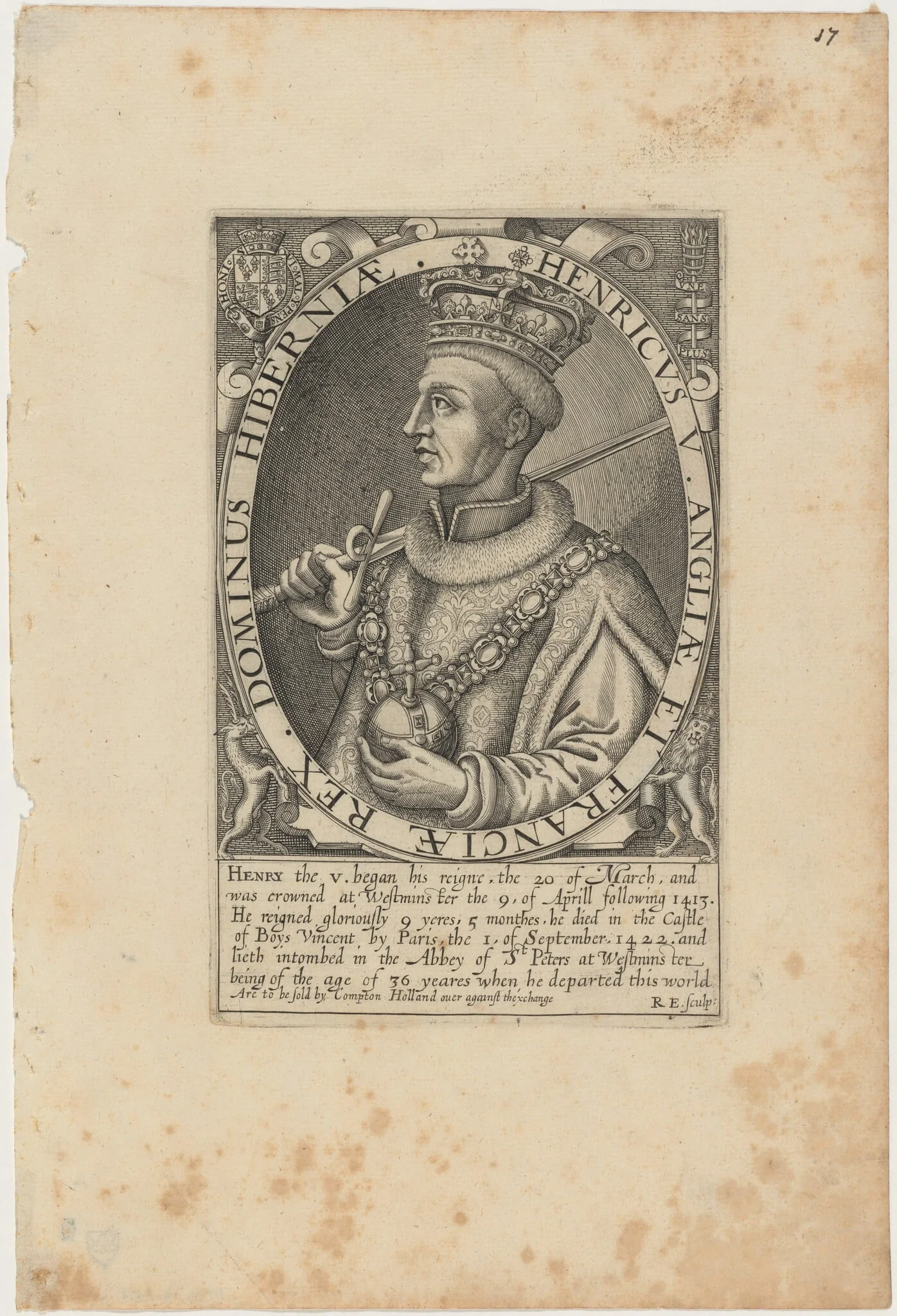 Henry V of England, by Renold Elstrack, ink, 1598