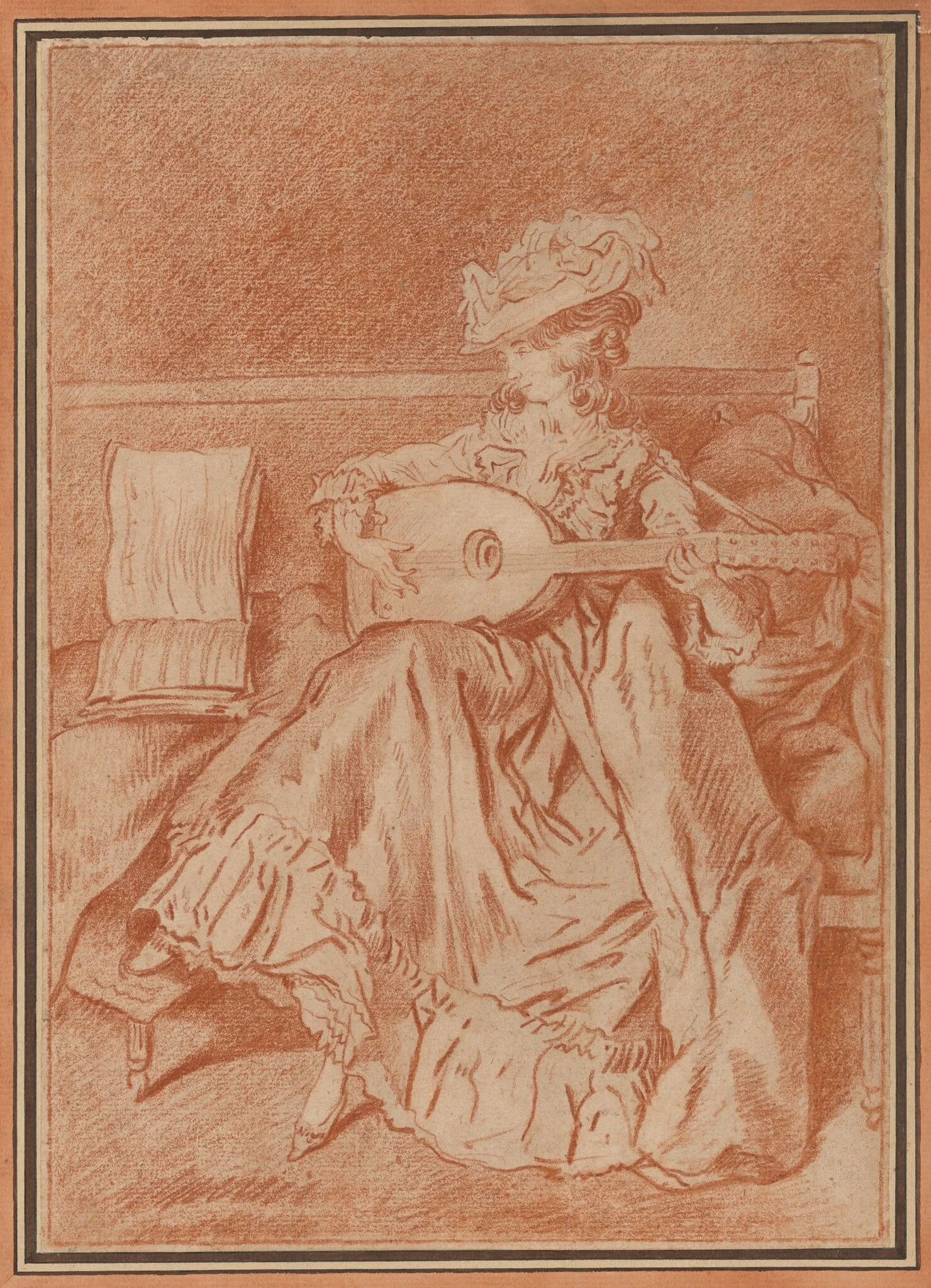 Seated Woman with a Mandolin, by Louis Rolland Trinquesse, chalk, 1779