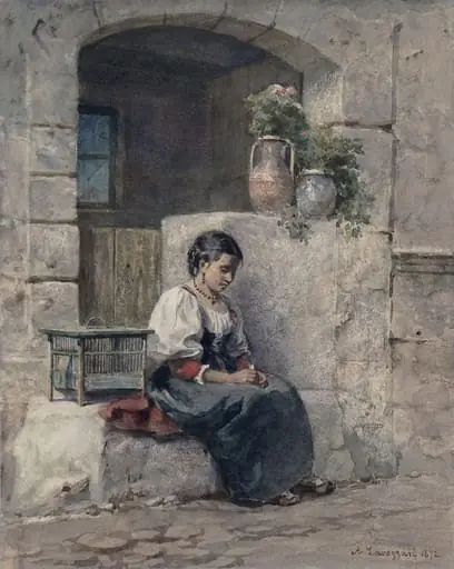 Italian peasant girl seated in a doorway