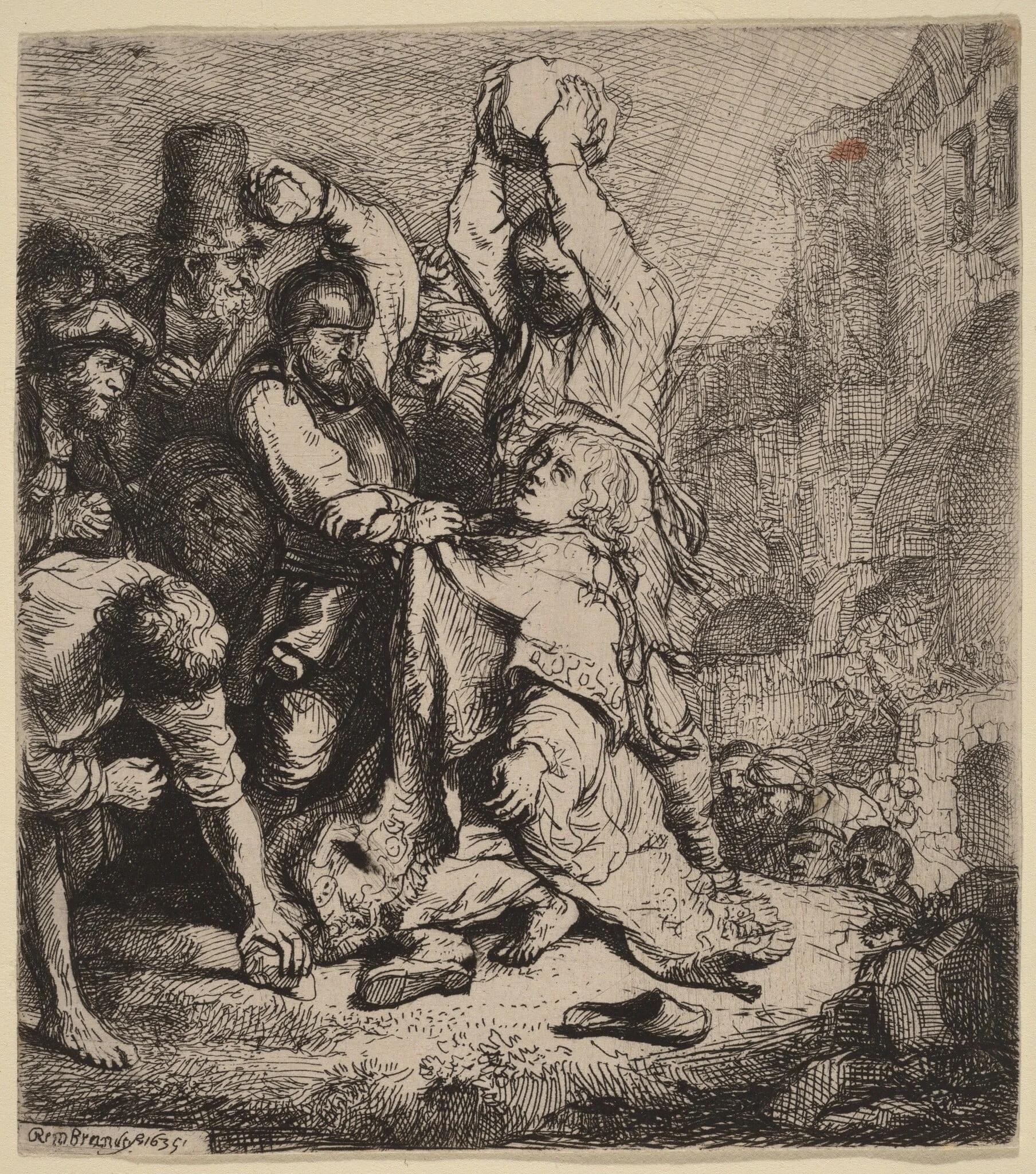 The Stoning of Saint Stephen, by Rembrandt, ink, 1635