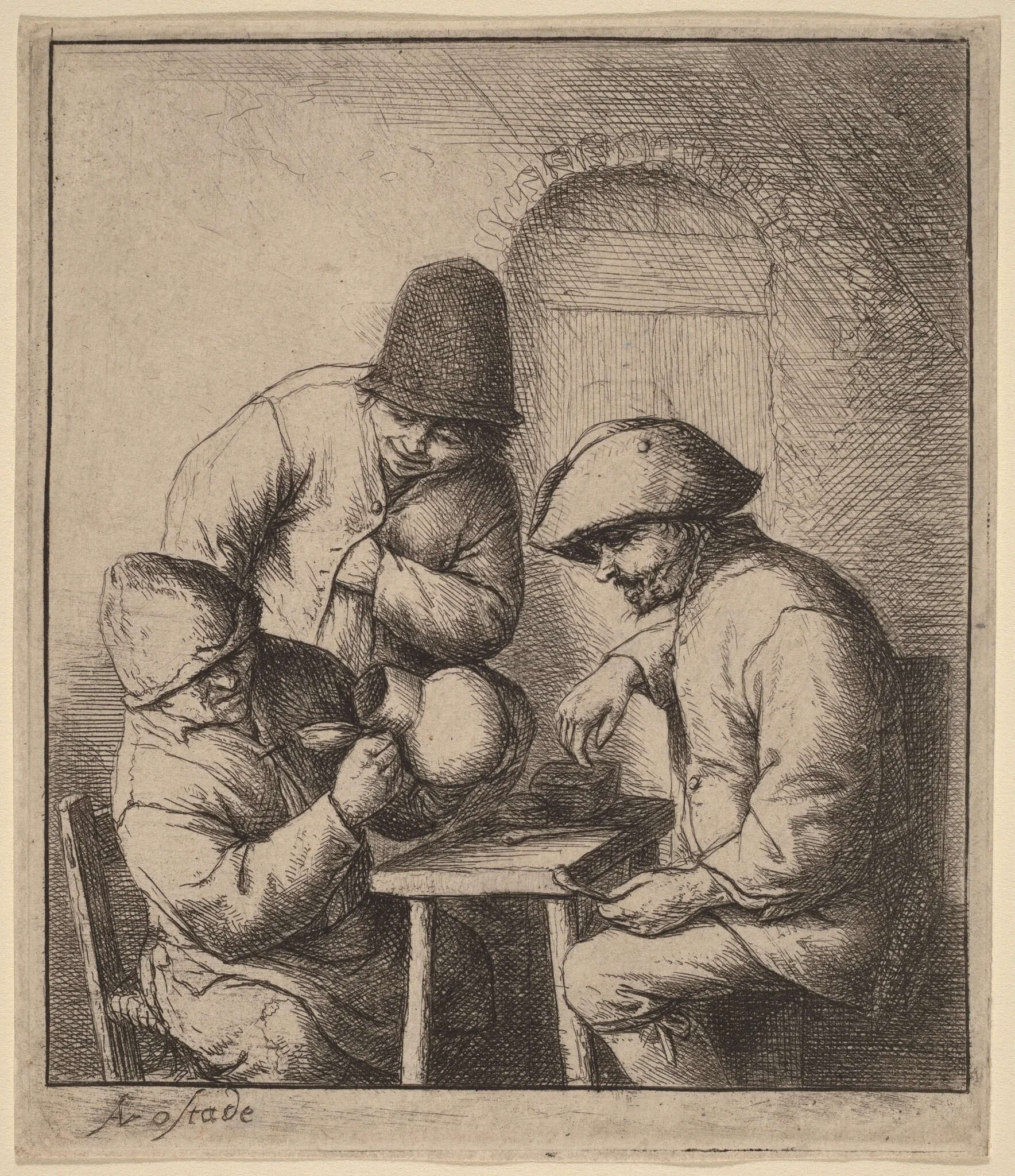 Three Peasants at an Inn, One Looking Down a Jug, by Adriaen van Ostade, ink, 1648