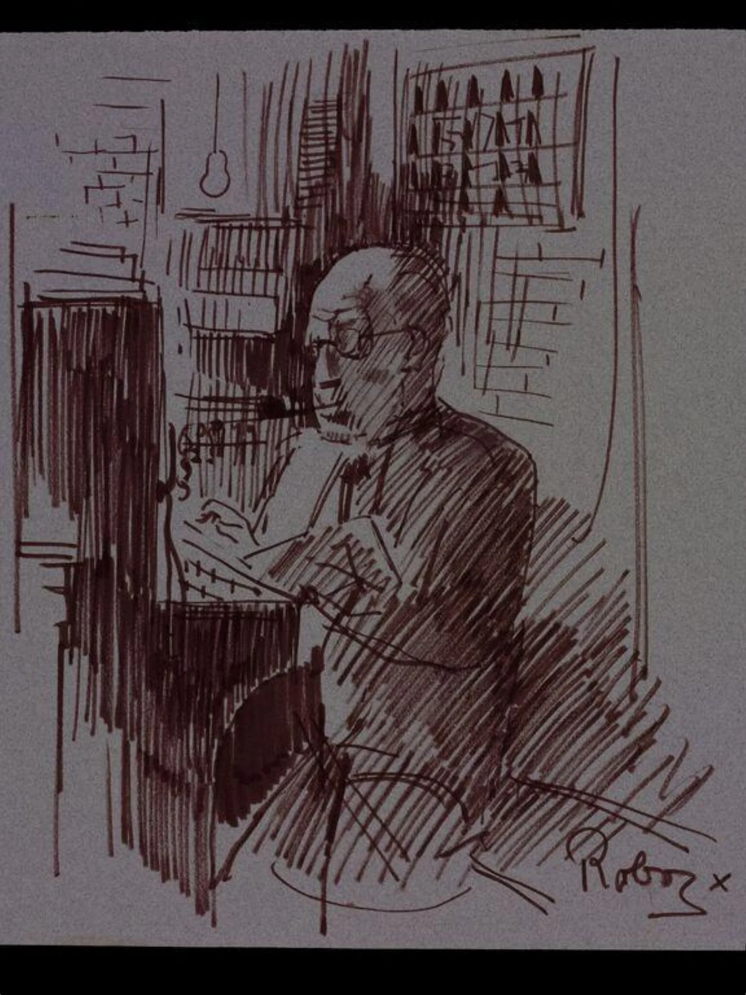 Ben Fuller, telephonist and doorman at the Windmill Theatre, drawing by Zsuzsi Roboz, by Zsuzsi Roboz, 1964