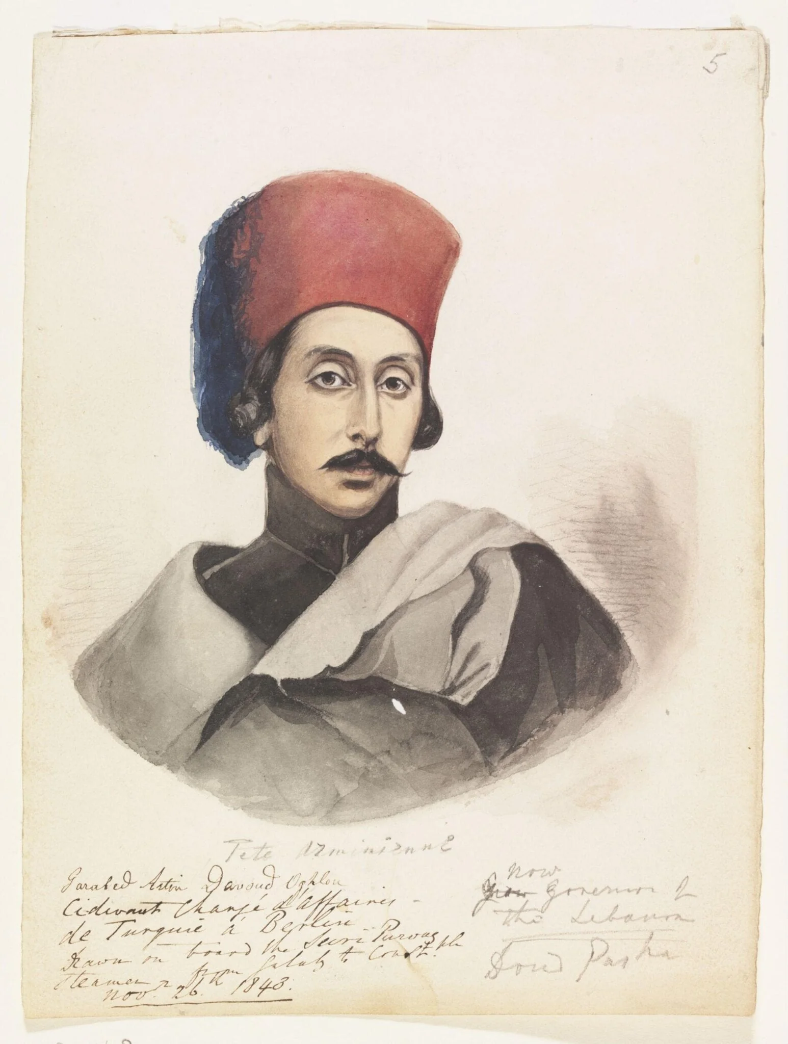 Garabed Artin Davoud Oghlou  Ci-devant Chargé daffaires de Turquie à Berlin, by Godfrey Thomas Vigne, watercolor, 1843