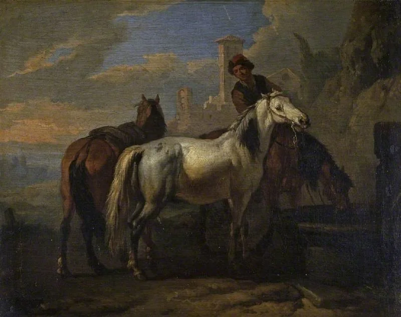 Horses drinking at a fountain