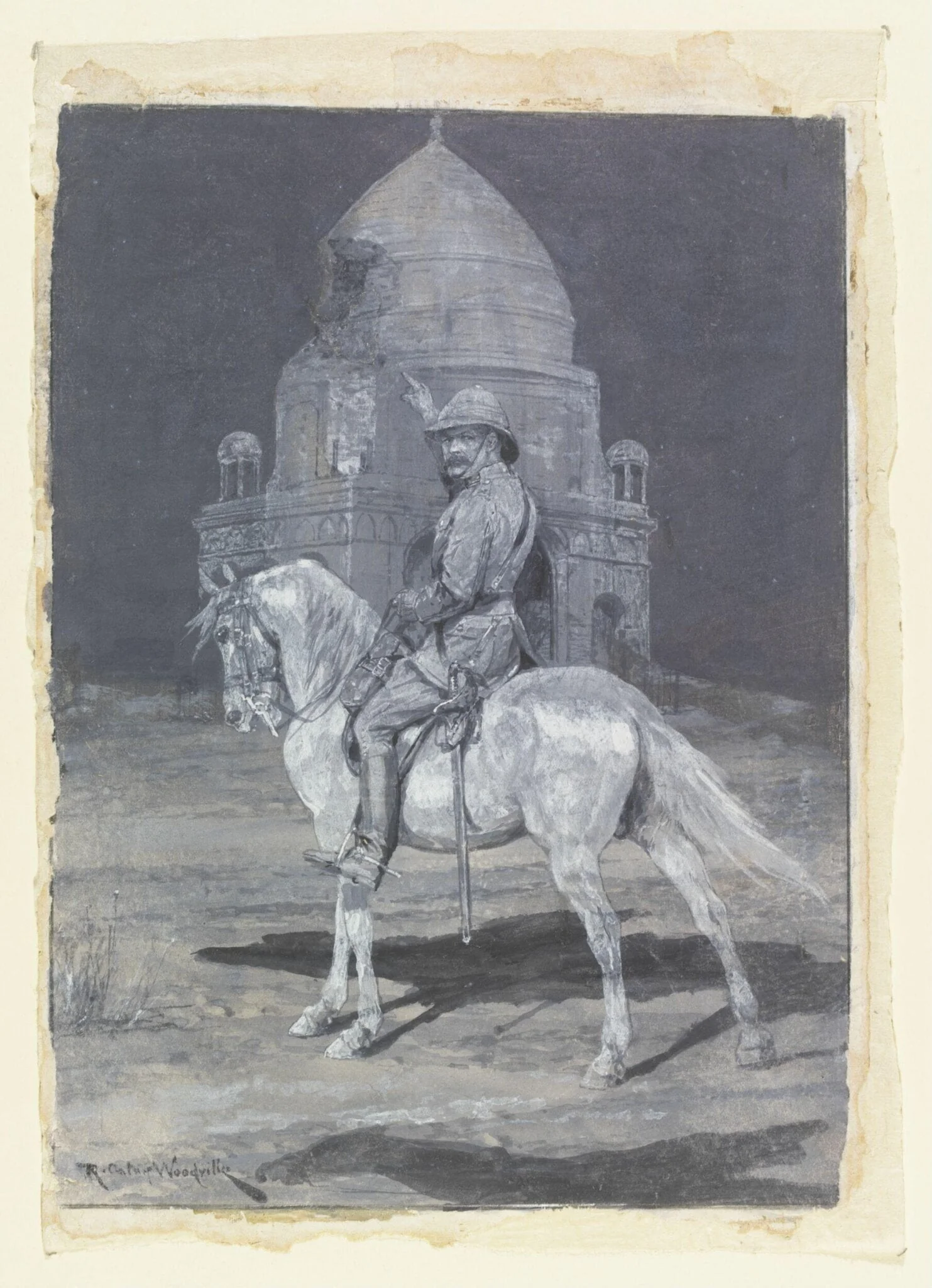 Lord Kitchener on horseback, pointing at the Mahdi's tomb at Omdurman, at night, by Richard Caton Woodville, watercolor, 1899