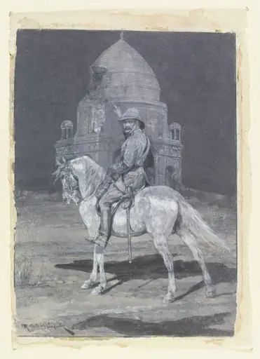 Lord Kitchener on horseback, pointing at the Mahdi's tomb at Omdurman, at night