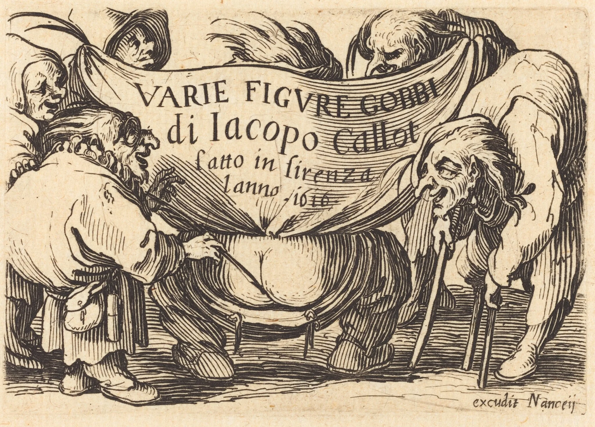 Frontispiece for "Varie Figure Gobbi" (Various Hunchback Figures), by Jacques Callot, ink, 1622