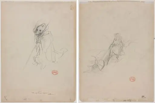 Sketch for "The Wolf Turned Shepherd" (recto) Sketch of Hunting Scene (verso)