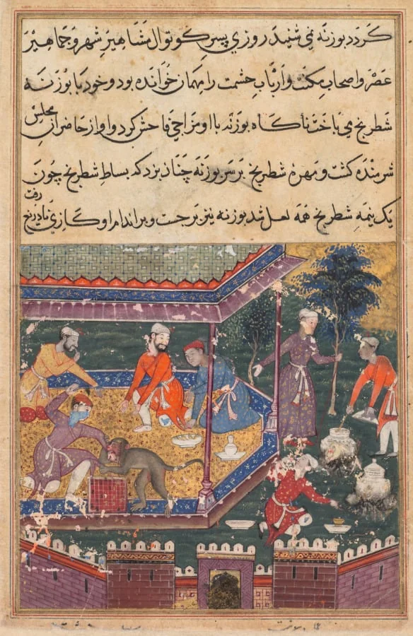The wounded monkey bites the hand of the prince, his chessmate, in the presence of guests, from a Tuti-nama (Tales of a Parrot): Fifth Night, by Daswanth, unspecified, 1560