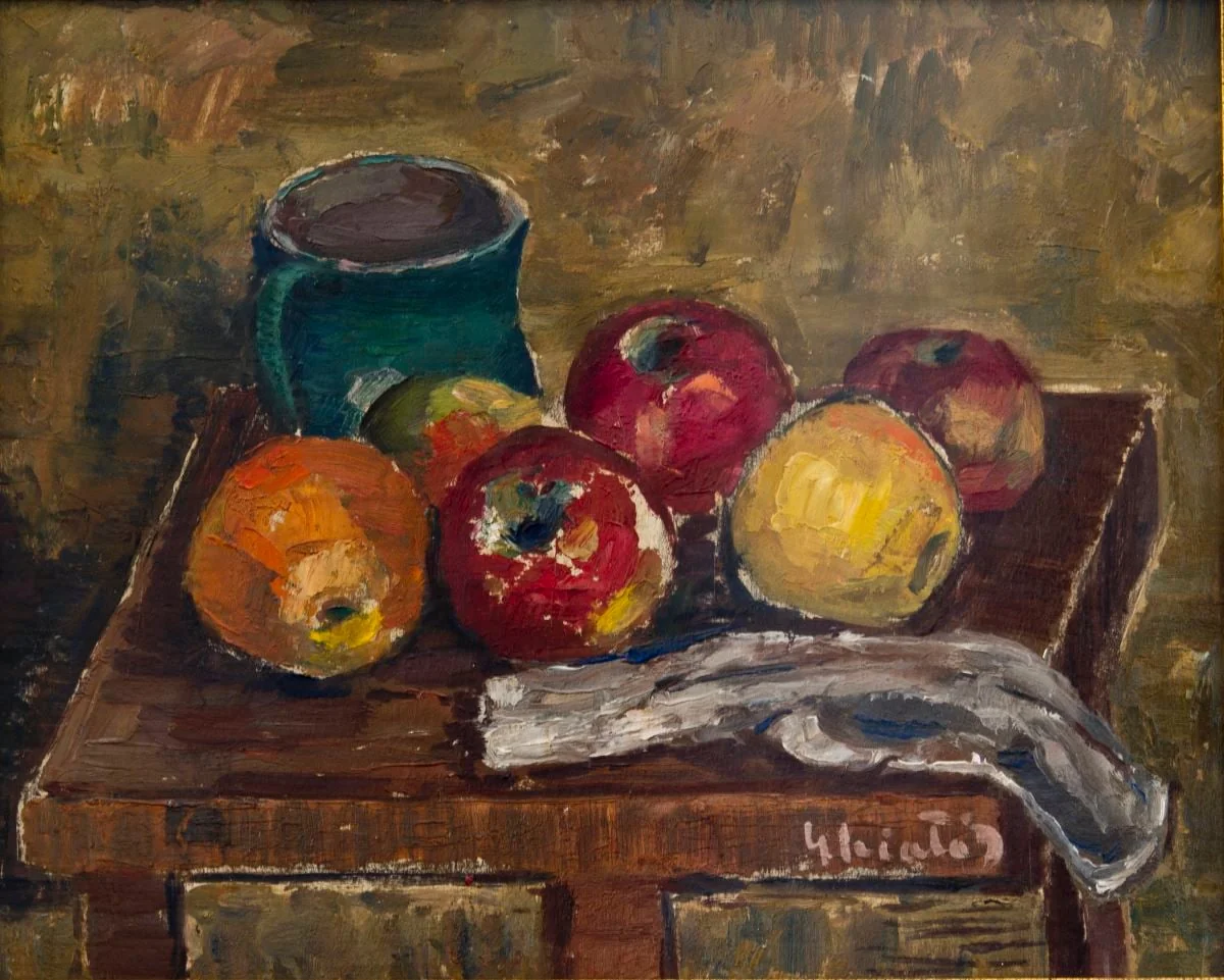 Natură statică cu cană și fructe, by Dumitru Ghiață, 1938