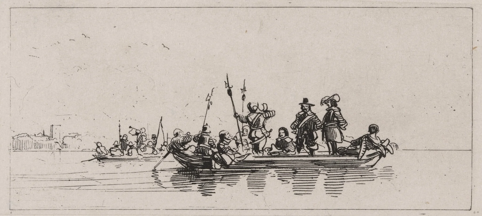 Two Boats With Passengers and Guards, by Caspar Johann Nepomuk Scheuren, ink, 1842