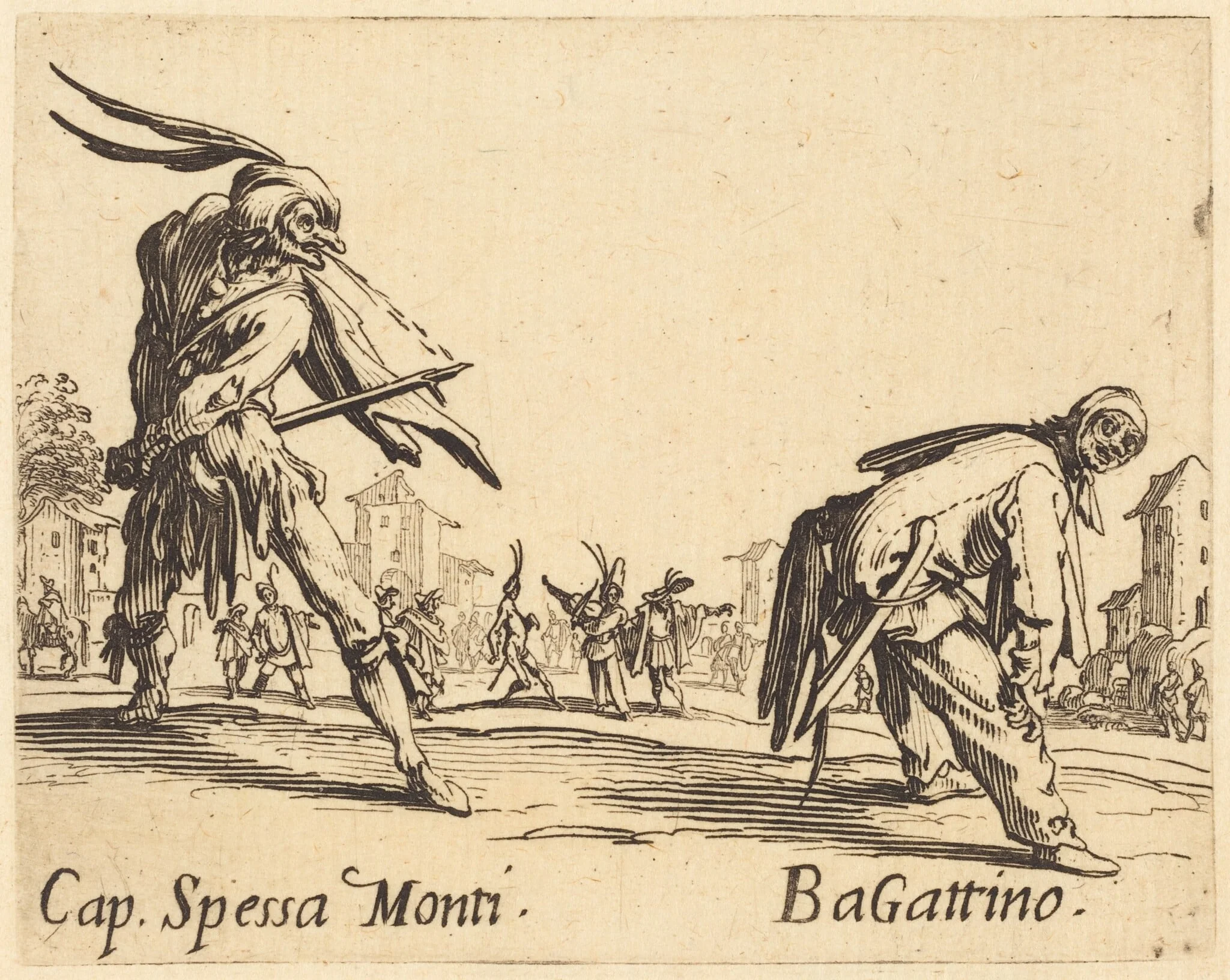 Cap. Spessa Monti and Bagattino, by Jacques Callot, ink, 1622