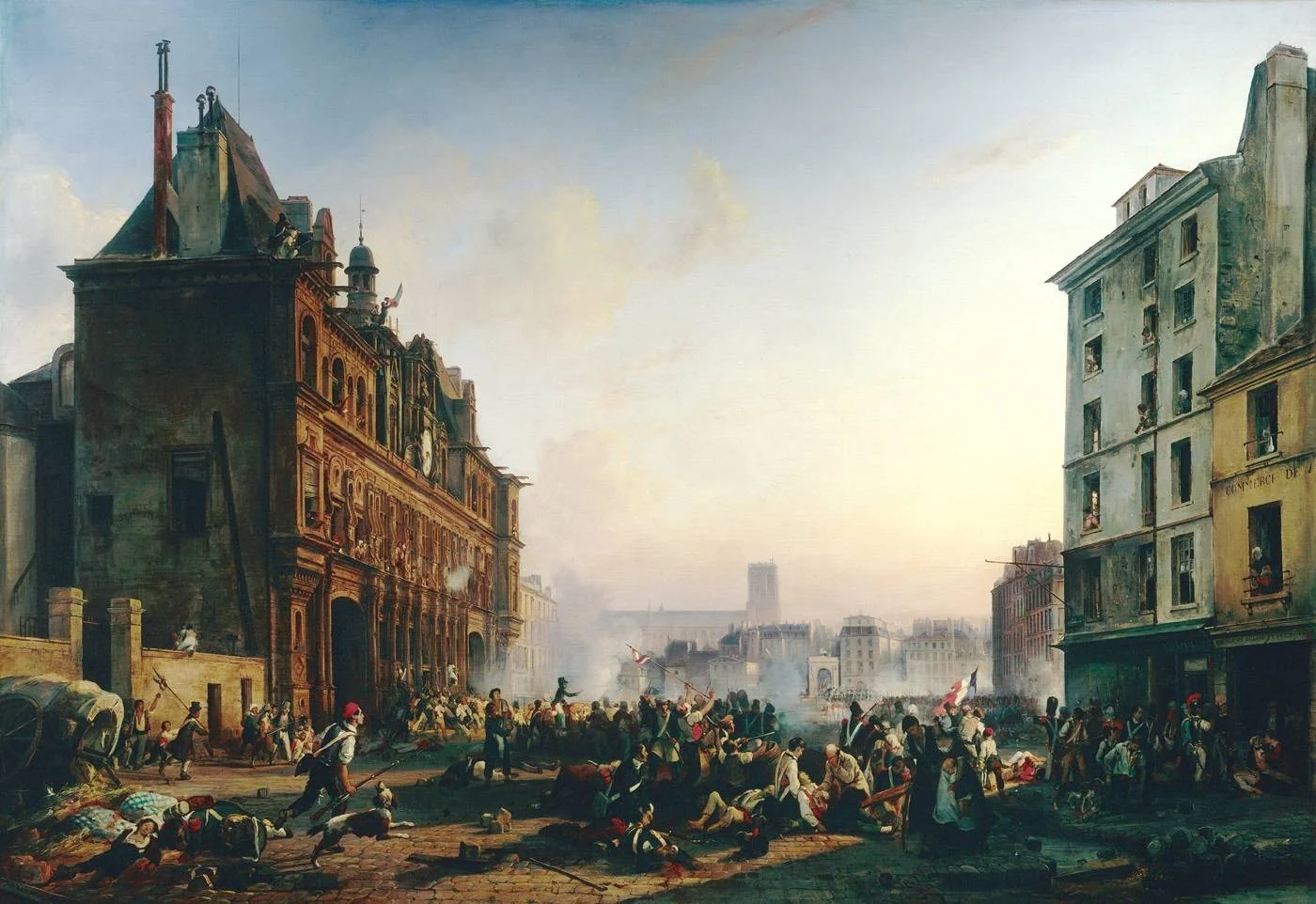 Attack on the Town Hall, July 28, 1830, by Charles Louis Mozin, oil, 1831