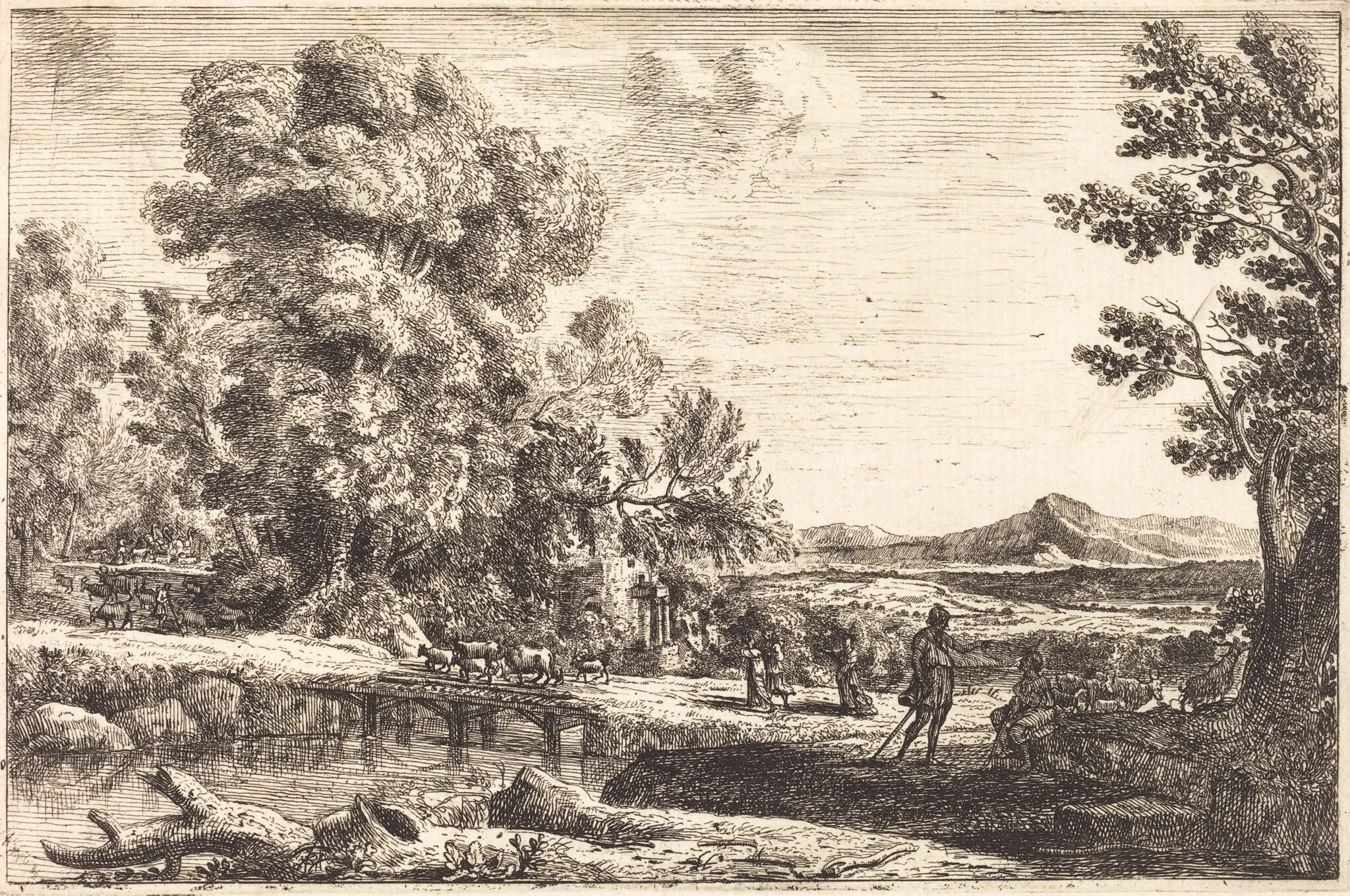 Rebecca and Eliezer (Le pont de bois), by Claude Lorrain, ink, 1640
