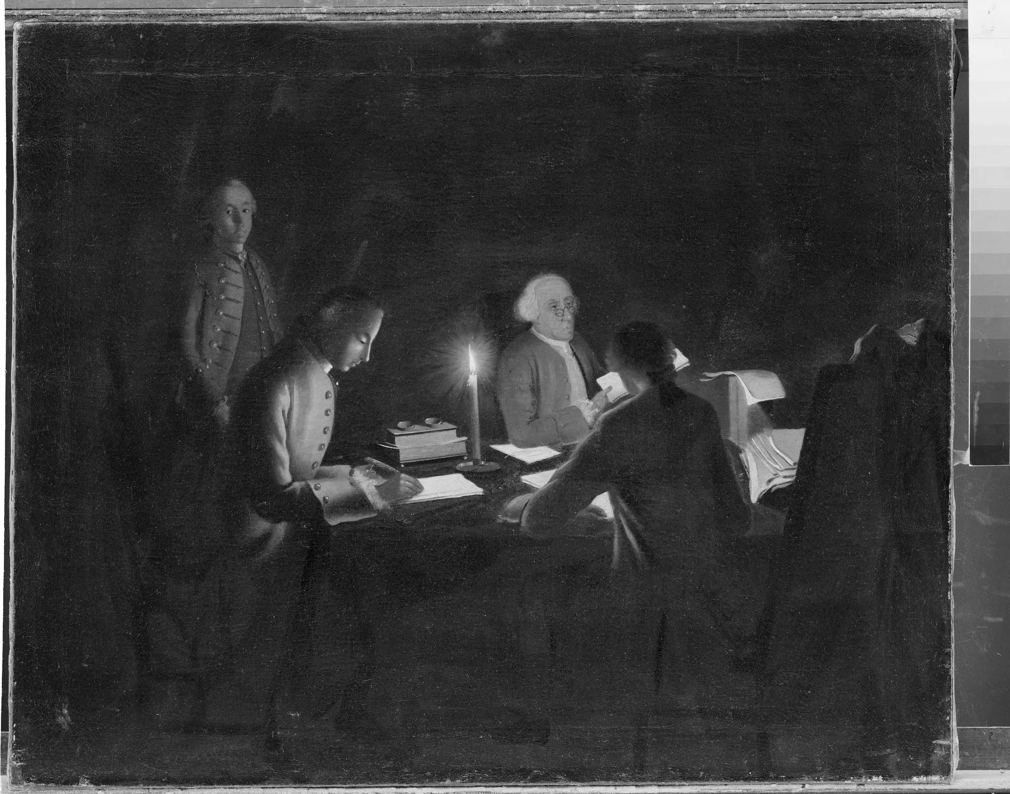 Interiør med en regnskabsfører og nogle skrivere ved stearinlys, by Unknown, 1750