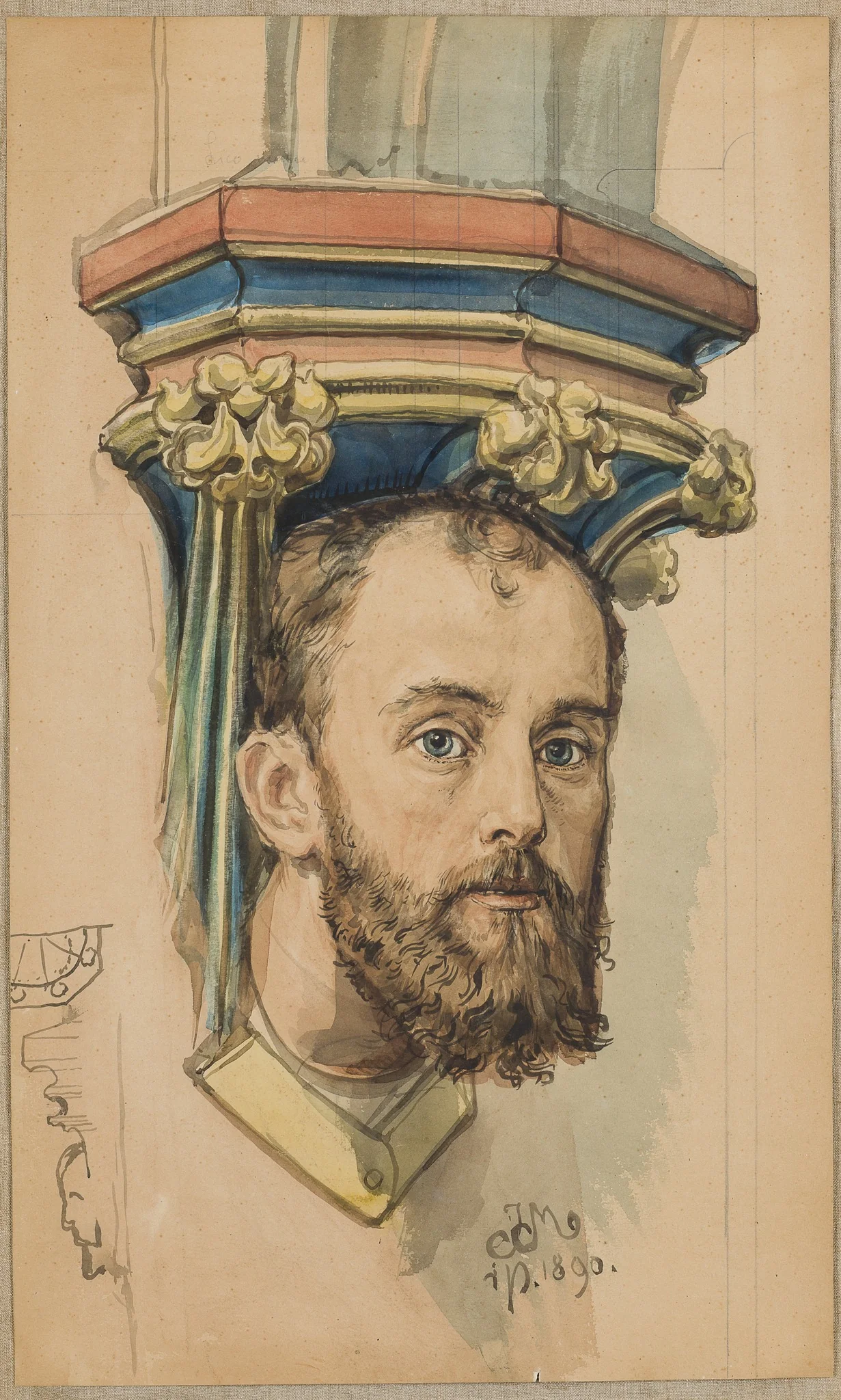 Carton for the polychrome from St Mary's Church - console in the shape of a male head (portrait of T. Stryjeński), by Jan Matejko, unspecified, 1896