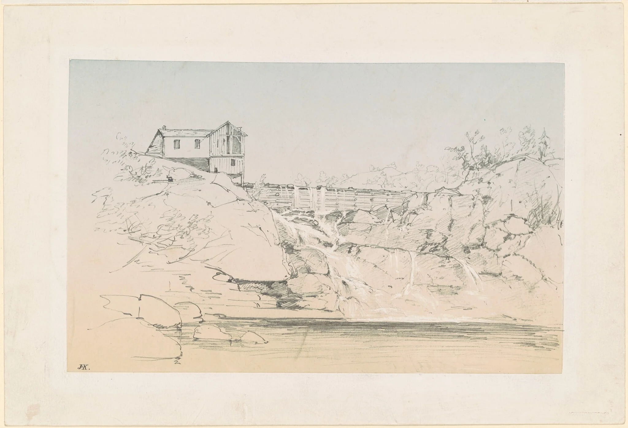 Building by a Dam, by John Frederick Kensett, graphite, 1855