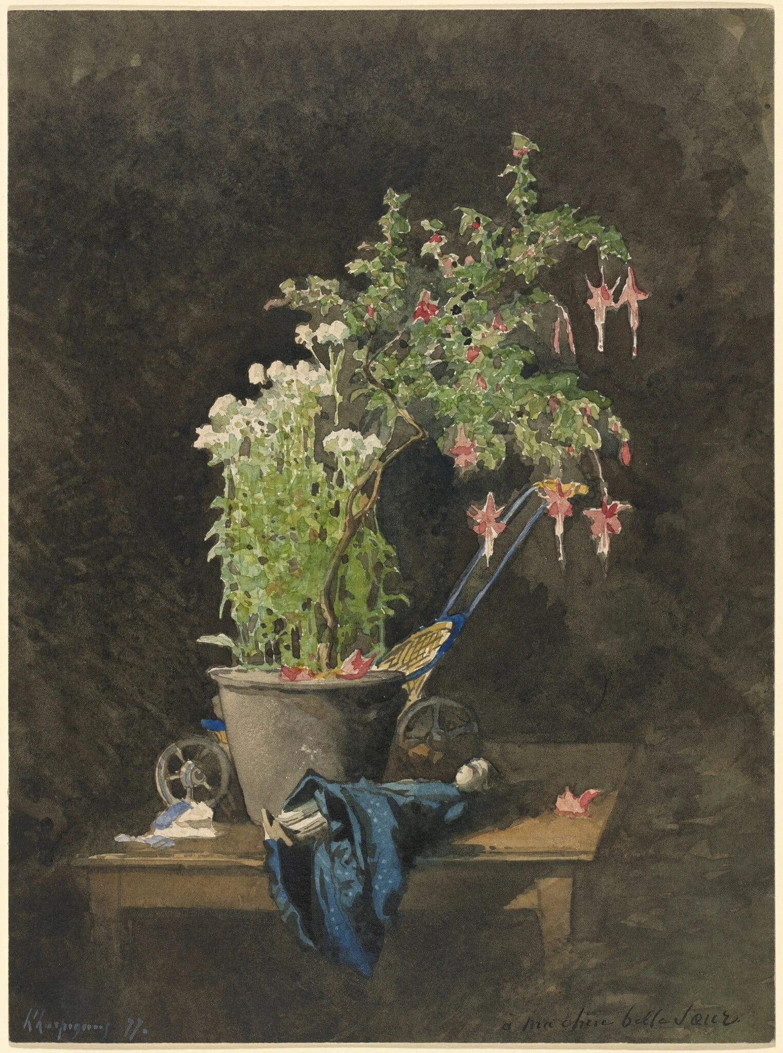 A Potted Fuchsia with Children's Toys, by Henri-Joseph Harpignies, watercolor, 1877