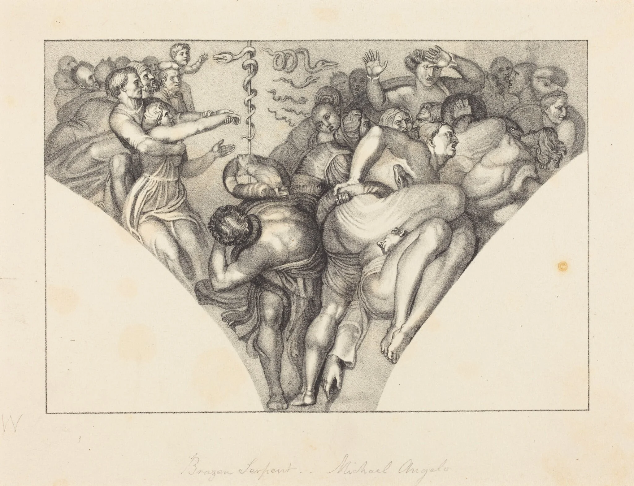 Brazen Serpent, from Michael Angelo, by William Sharp, ink, 1829