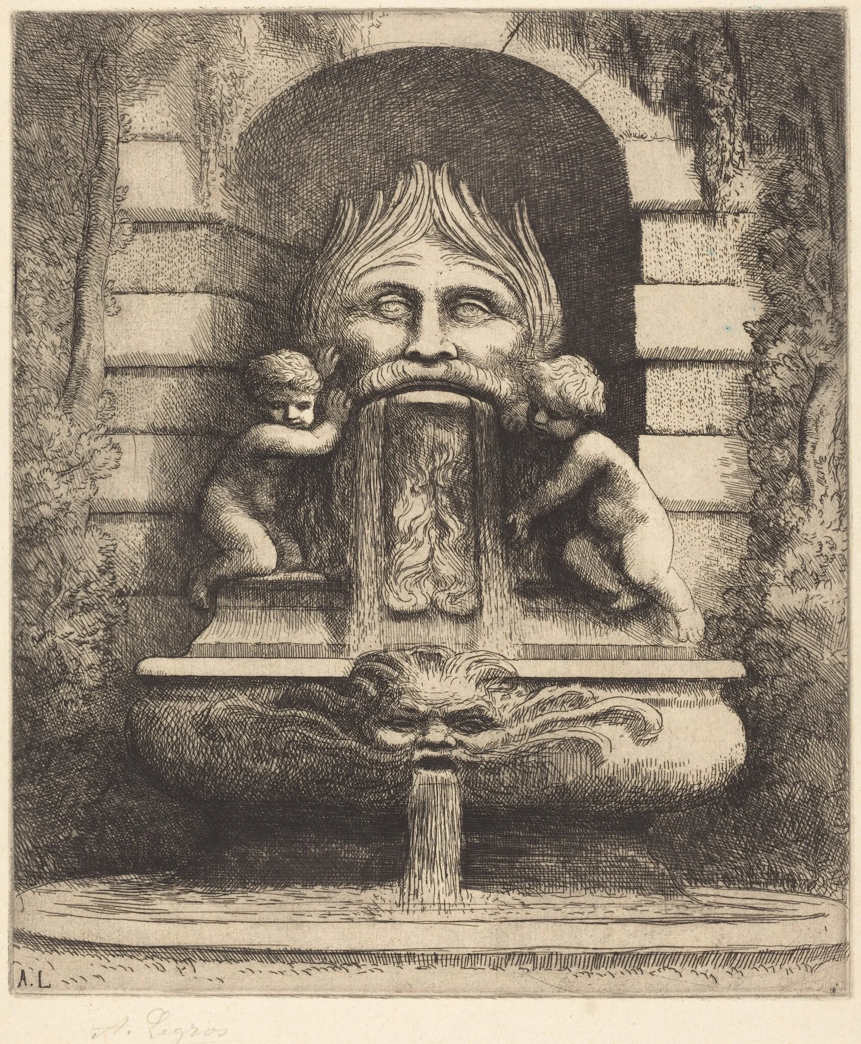 Fountain: Grotesque, Children and Basin (Une fountaine: Masque, enfants et bassin), by Alphonse Legros, ink, 1874