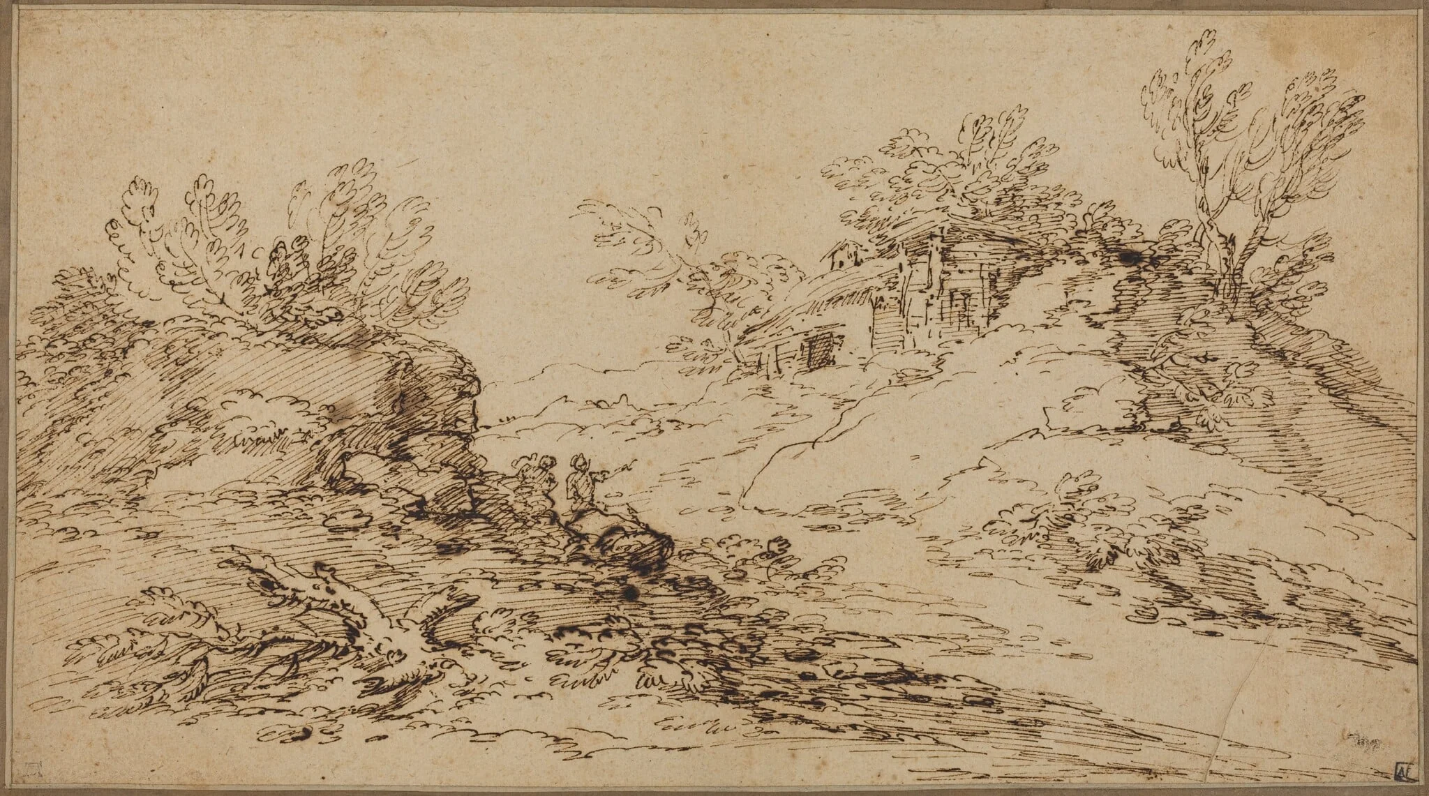 Rocky Landscape with a Rustic House, by Salvator Rosa, ink, 1644