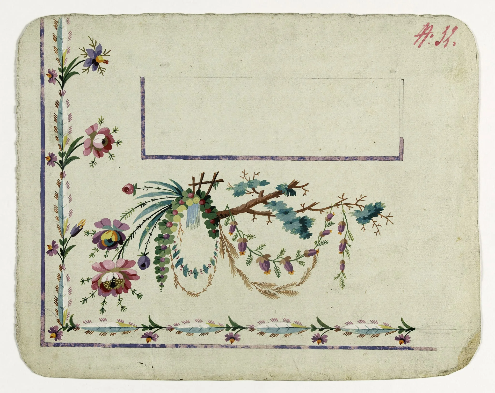 Gilet décor guirlande de branchage et de fleurs, projets de broderies de gilet, XVIIIème siècle, by Anonyme, 1785