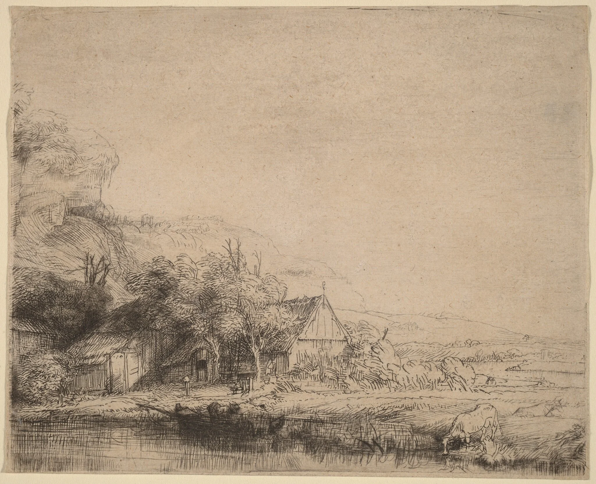 Landscape with a Cow, by Rembrandt, ink, 1650