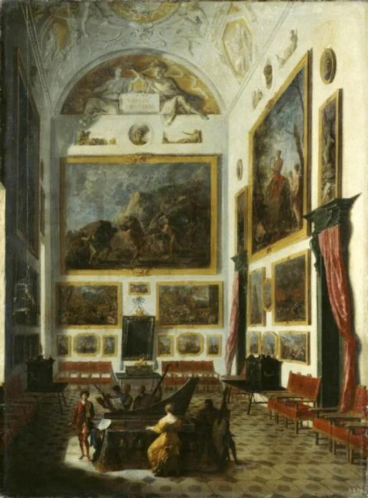 Spinet player in an interior with paintings, by Johann Heinrich Schönfeld, oil, 1670