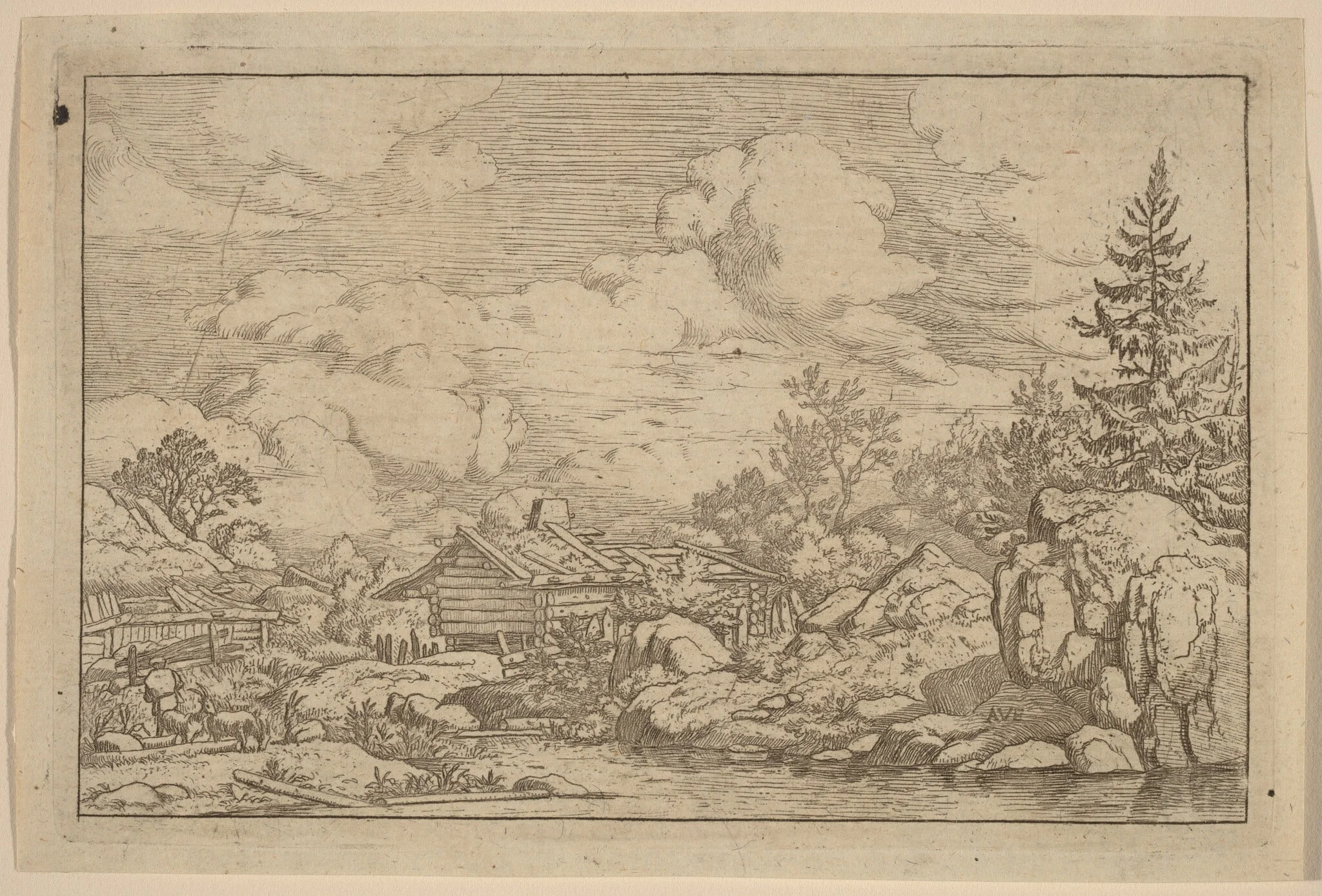 Three Goats at the River, by Allart van Everdingen, ink, 1650