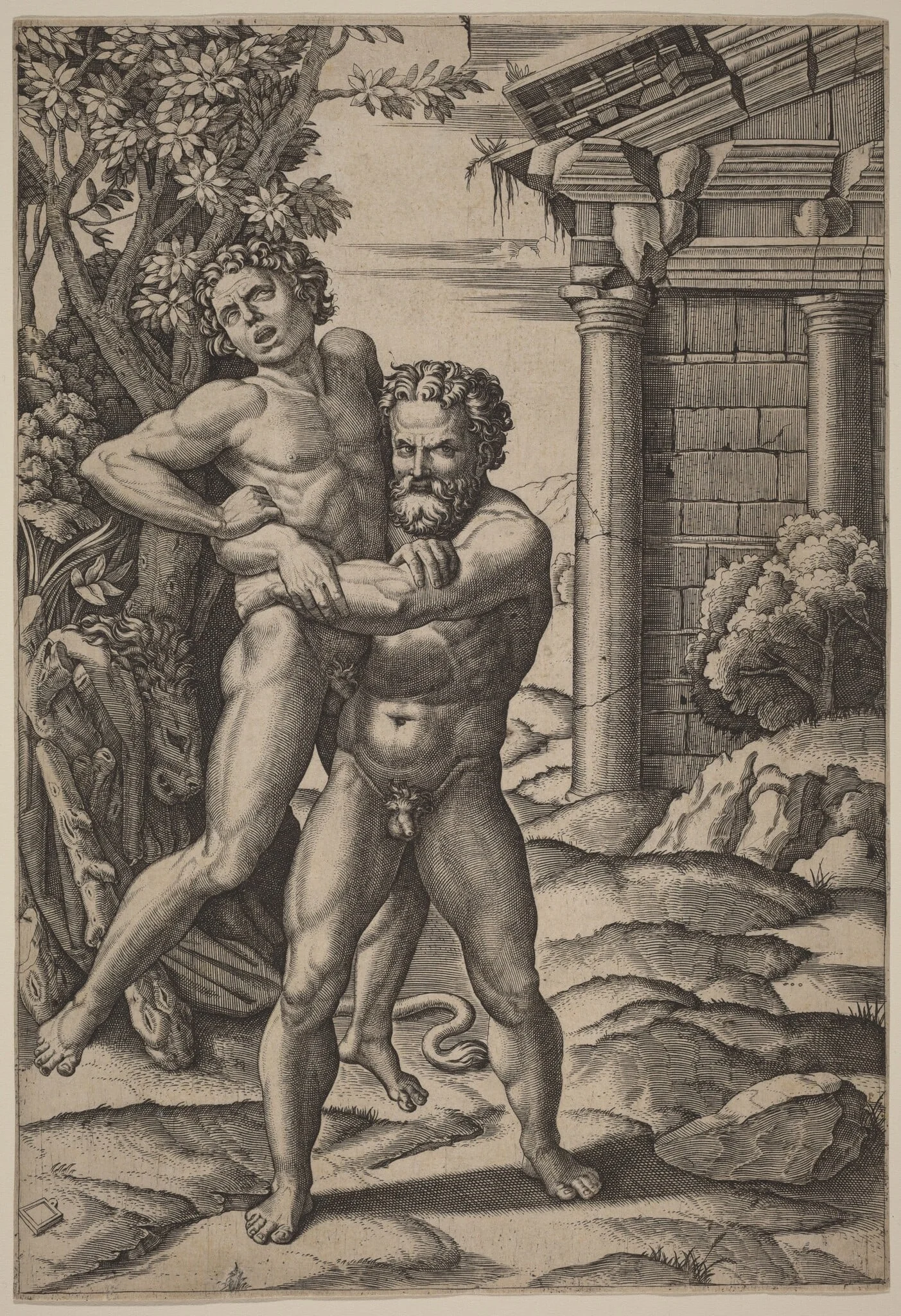 Hercules and Antaeus, by Marcantonio Raimondi, ink, 1521