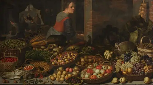 Still Life with Fruit and Vegetables, with Christ at Emmaus in the background