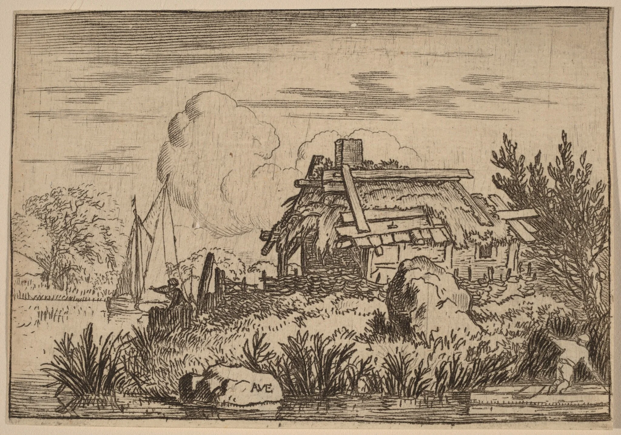 Ruined Cottage, Surrounded by Water, by Allart van Everdingen, ink, 1650