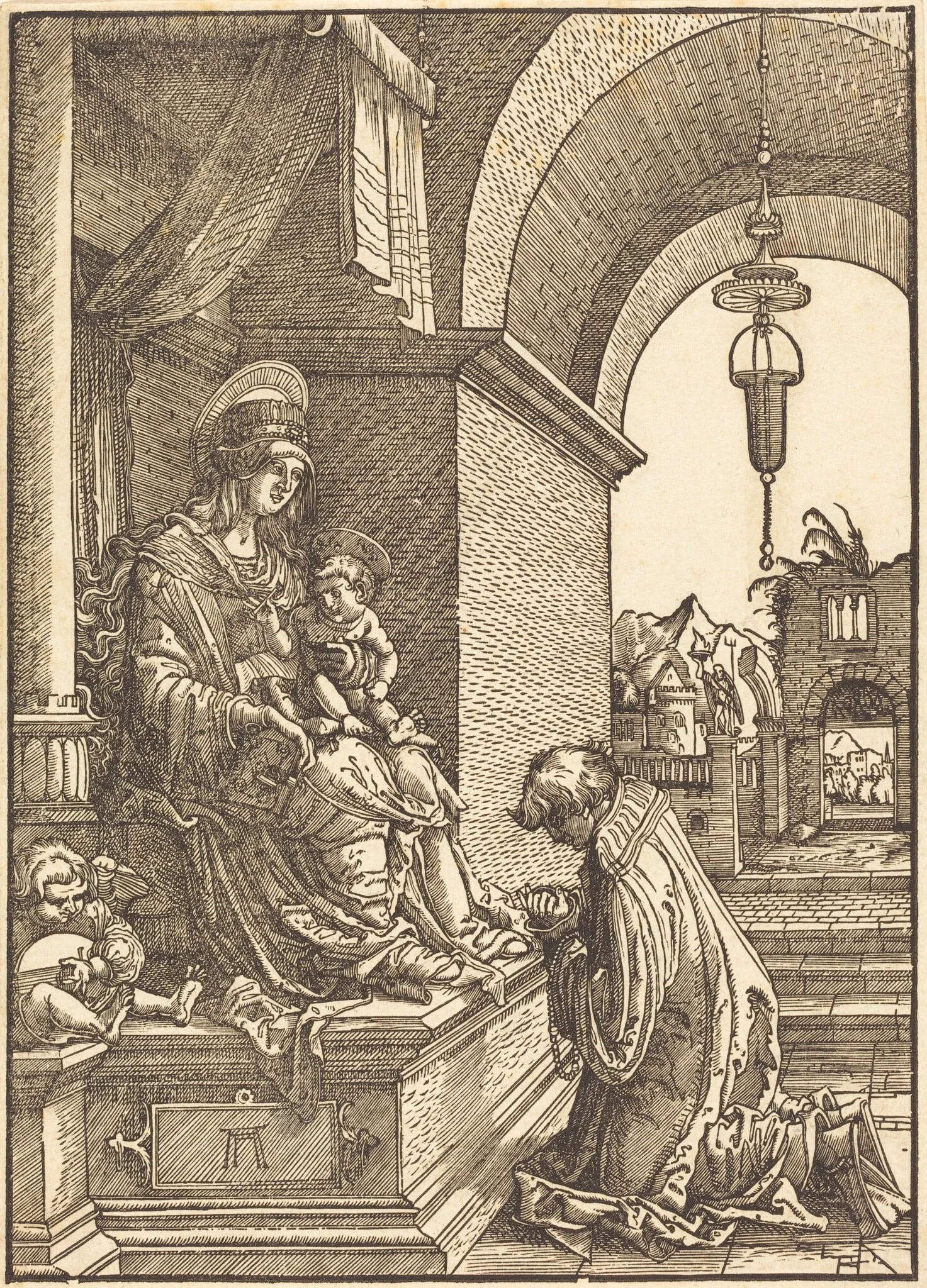 A Cleric Kneeling before the Virgin and the Christ Child, by Albrecht Altdorfer, ink, 1519
