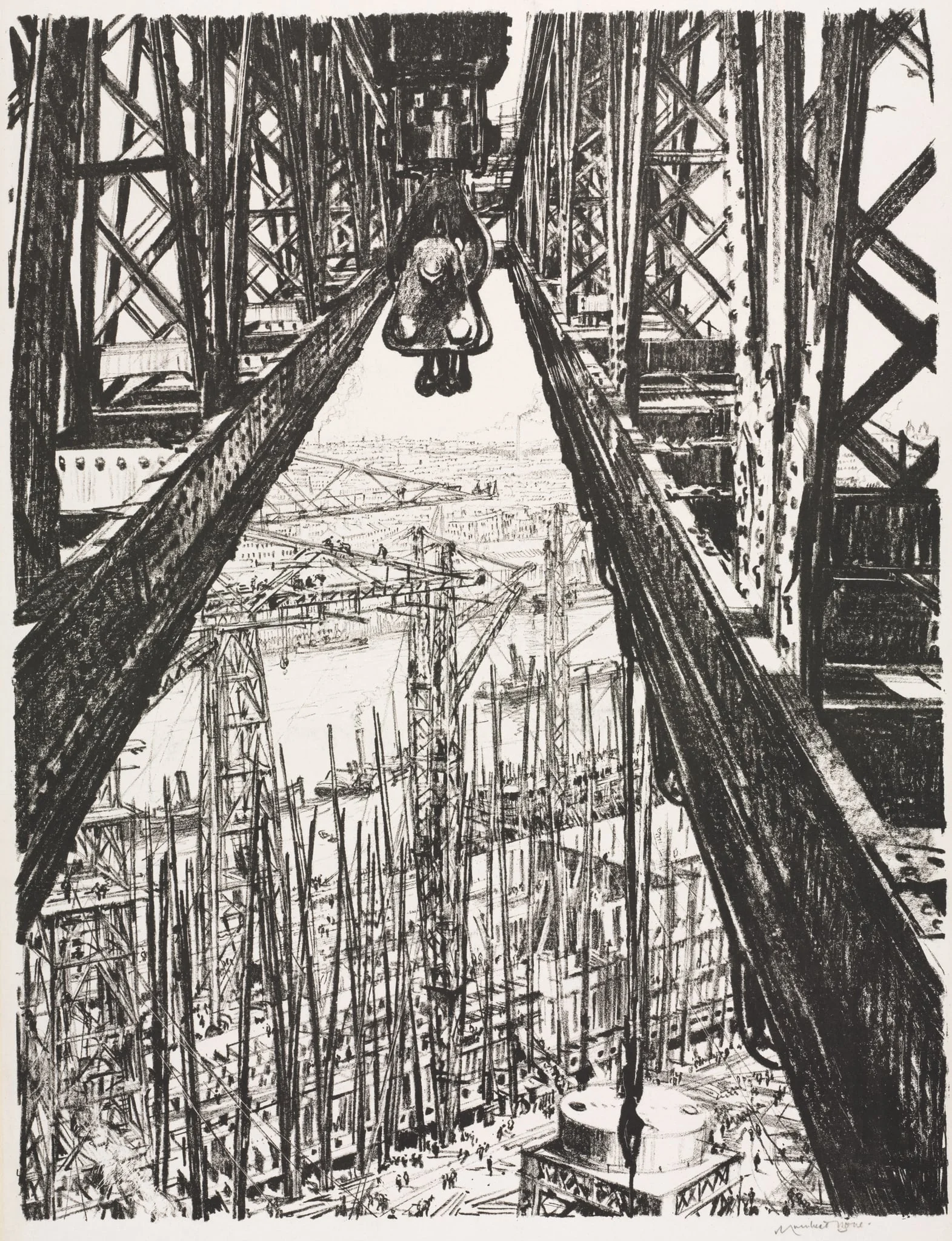 The Great War:  Britain's Efforts and Ideals; Building Ships:  A Shipyard Seen from a Big Crane, by Muirhead Bone, 1917