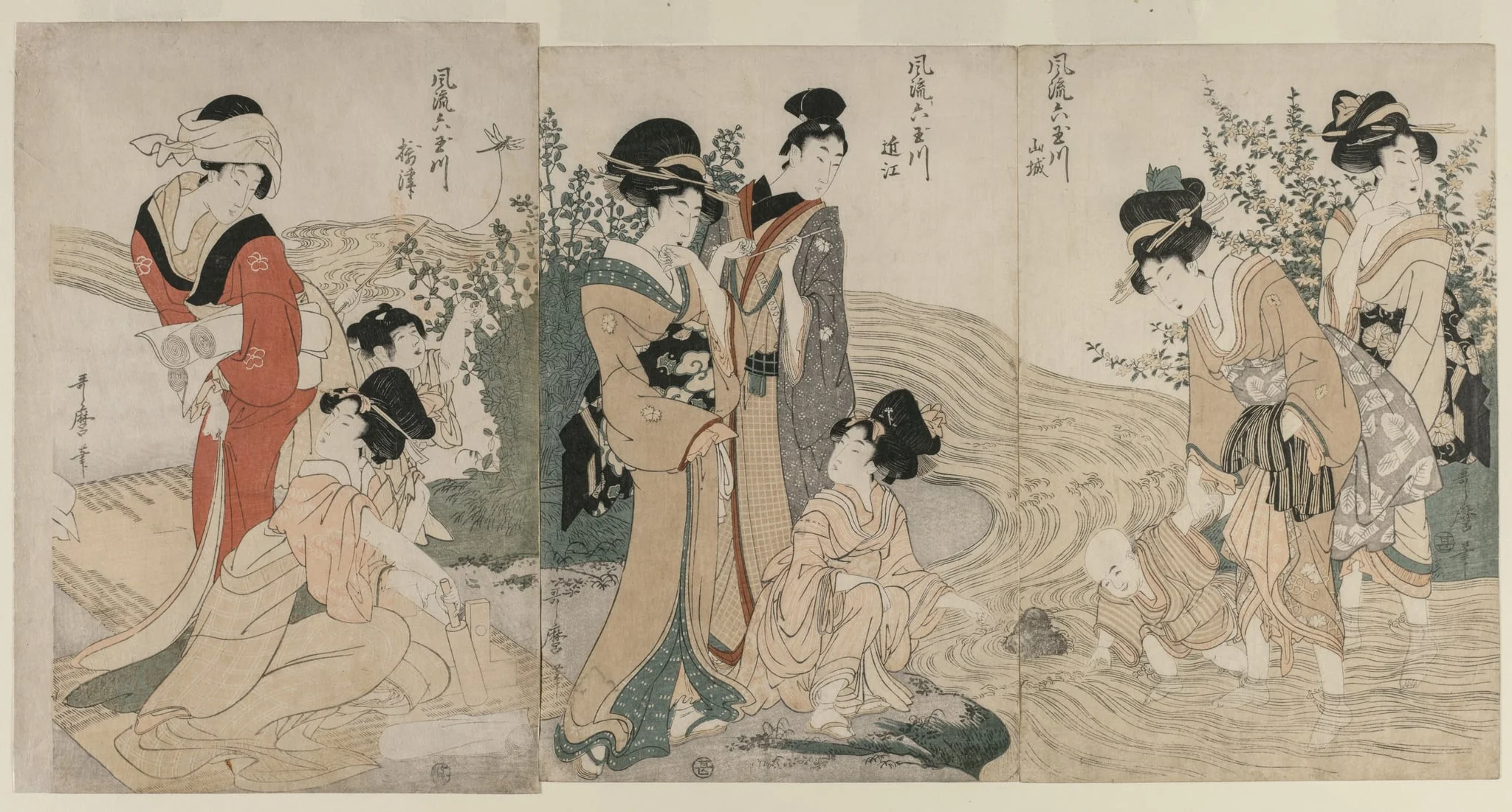 Musashi, Omi, Yamashiro, and Settsu Provinces from the series Fashionable Six Jewel Rivers (Furyu Mu Tamagawa), by Kitagawa Utamaro, 1804