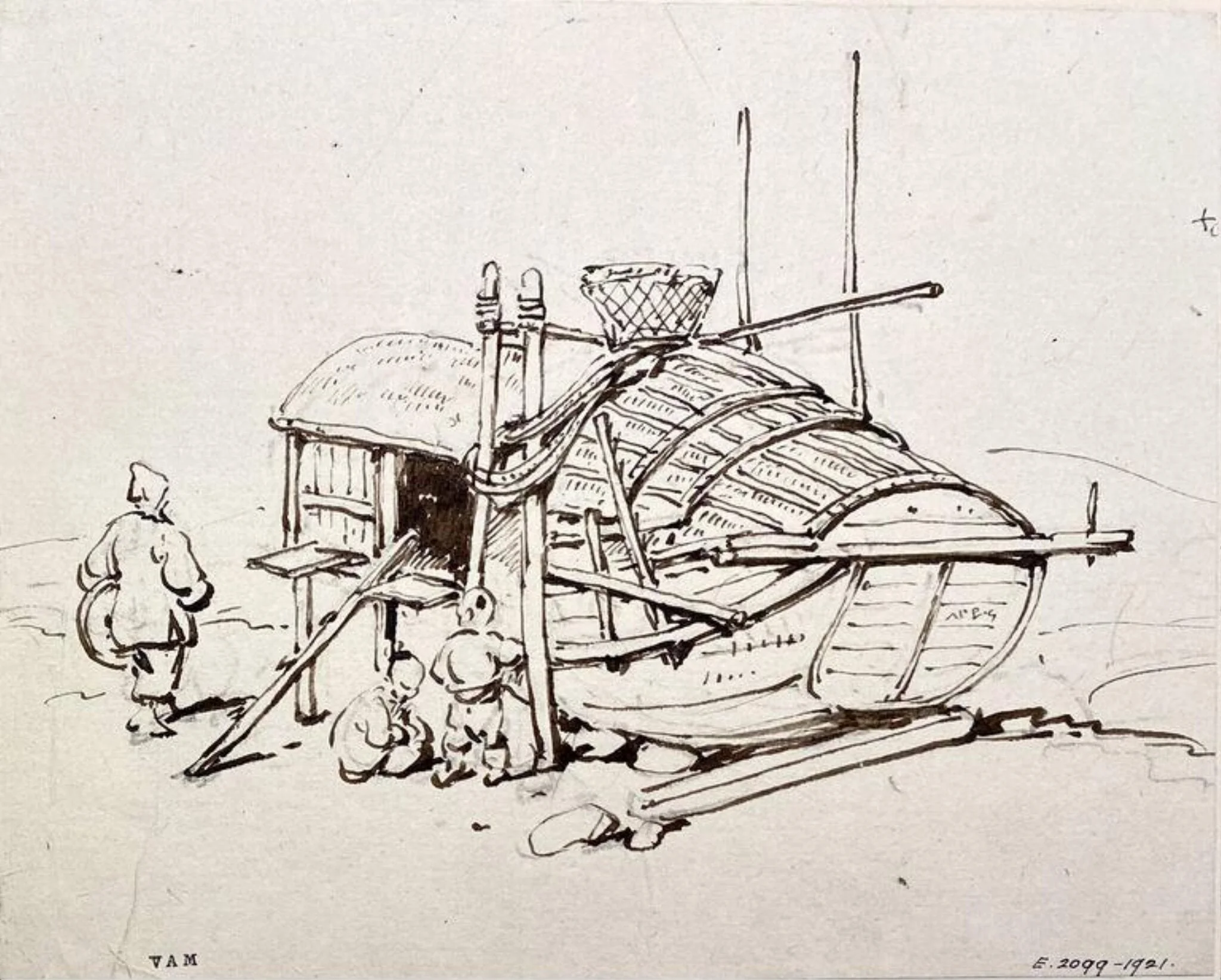 Drawing, a Tanka boat propped up ashore, Macau, by George Chinnery, 19