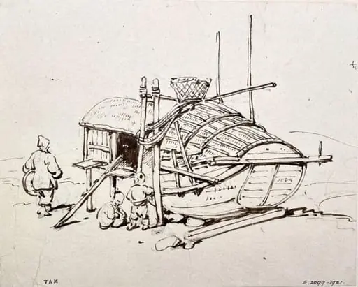 Drawing, a Tanka boat propped up ashore, Macau