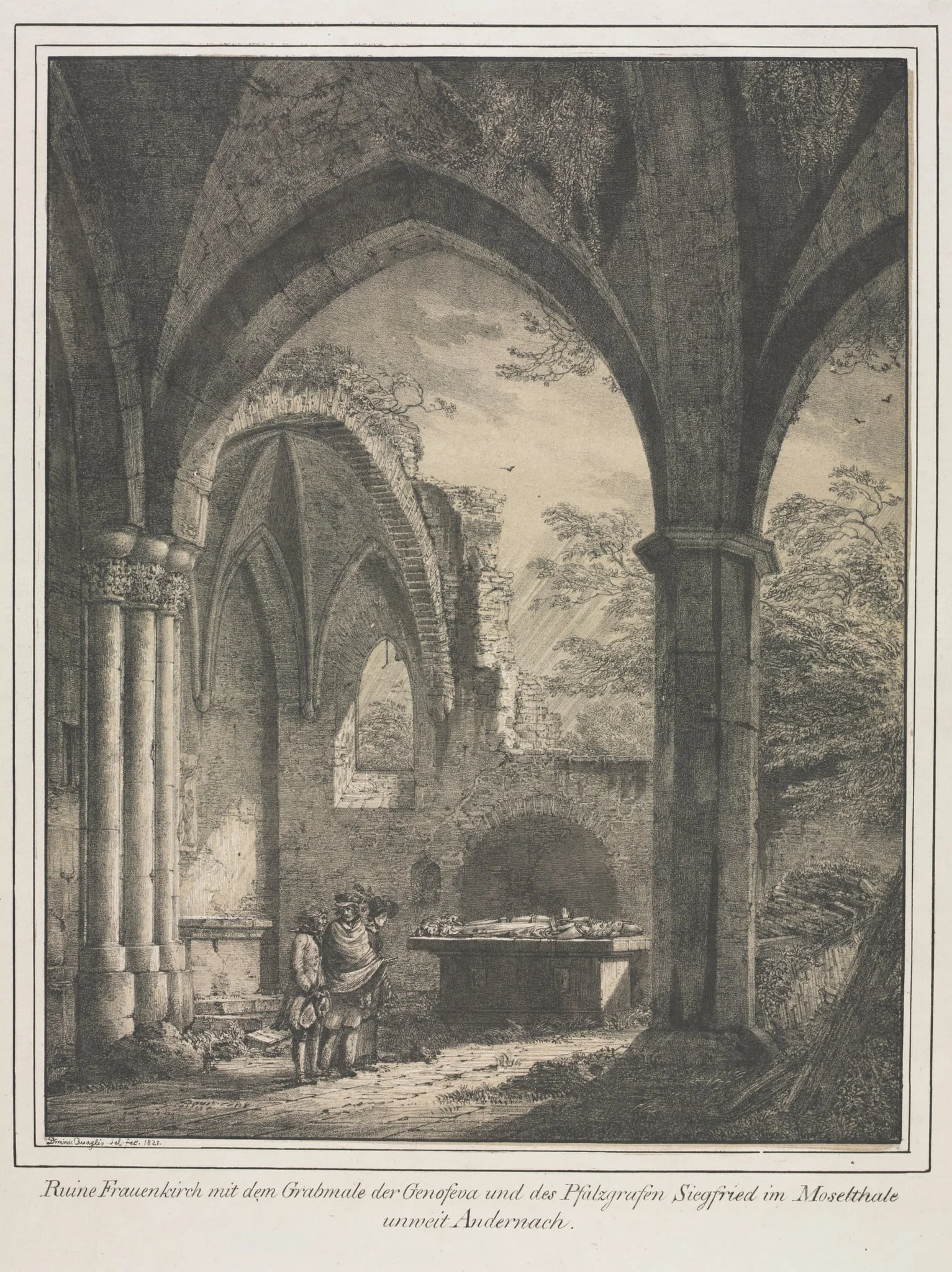 Notable Buildings of the Middle Ages in Germany:  Ruins of the Church of the Virgin with the Tomb of Genevieve and Siegfried, Count Palatine of the Rhine, in the Moselle Valley near Andernack, by Domenico Quaglio the Younger, 1821